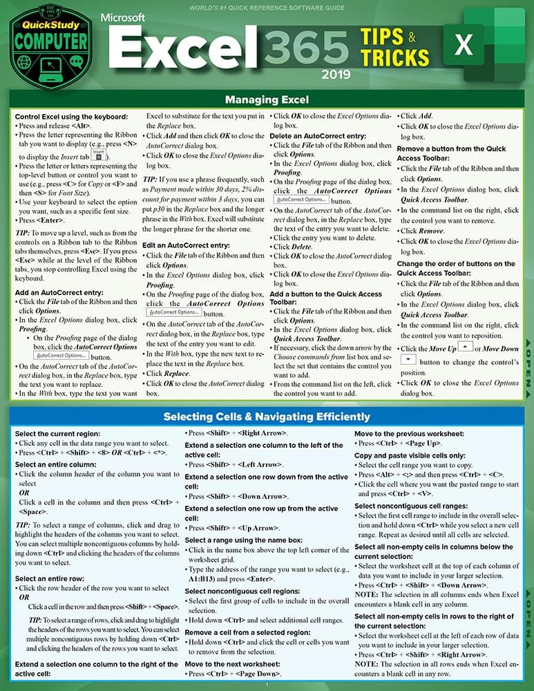 Microsoft Excel 365 Tips & Tricks - 2019: a QuickStudy Laminated Software Reference Guide