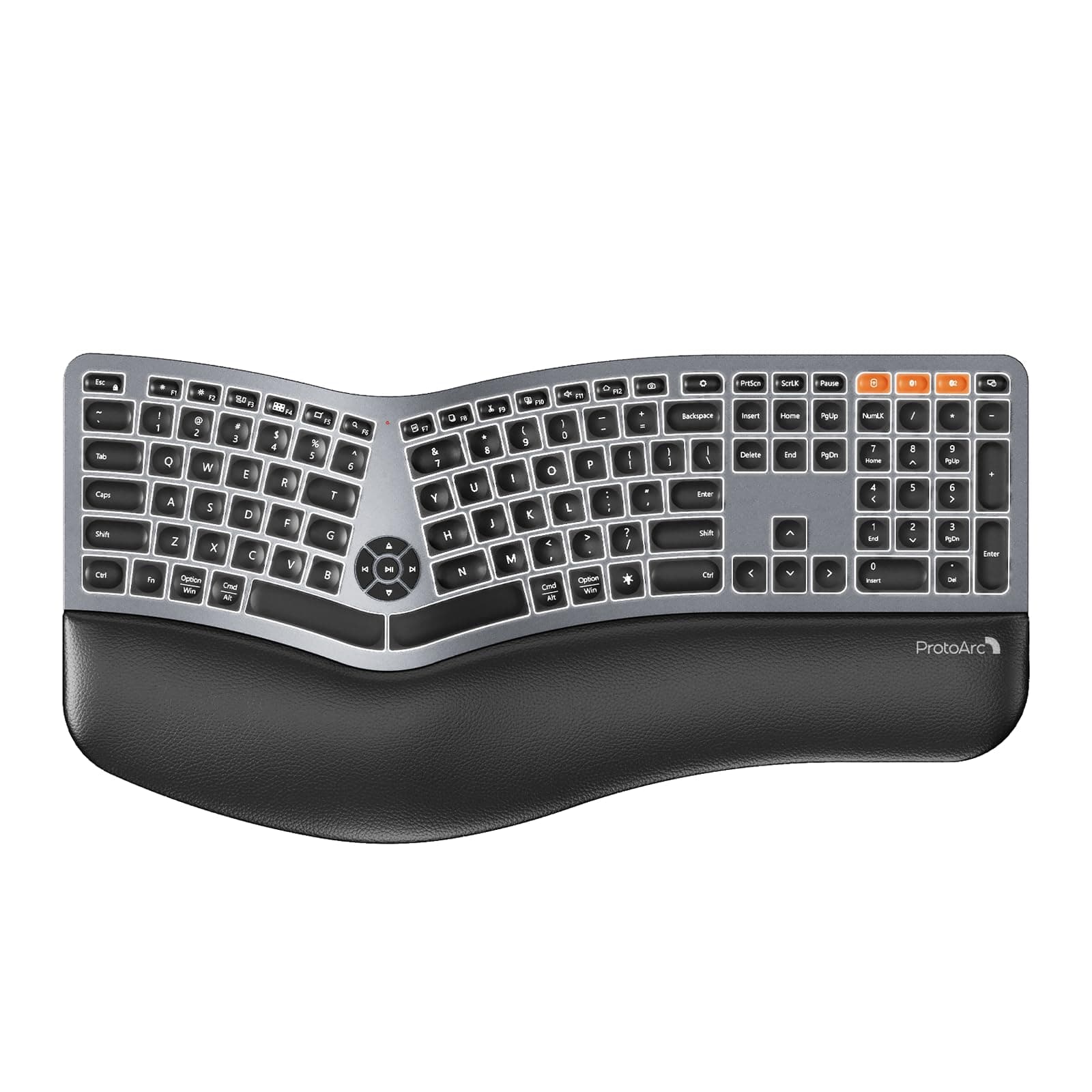 Backlit Bluetooth Ergonomic Keyboard, ProtoArc EK01 Plus Full Size Wireless Split Keyboard with Dual Bluetooth and USB, Cushioned Wrist Rest, Rechargeable for Windows/Mac/Android, Grey Black