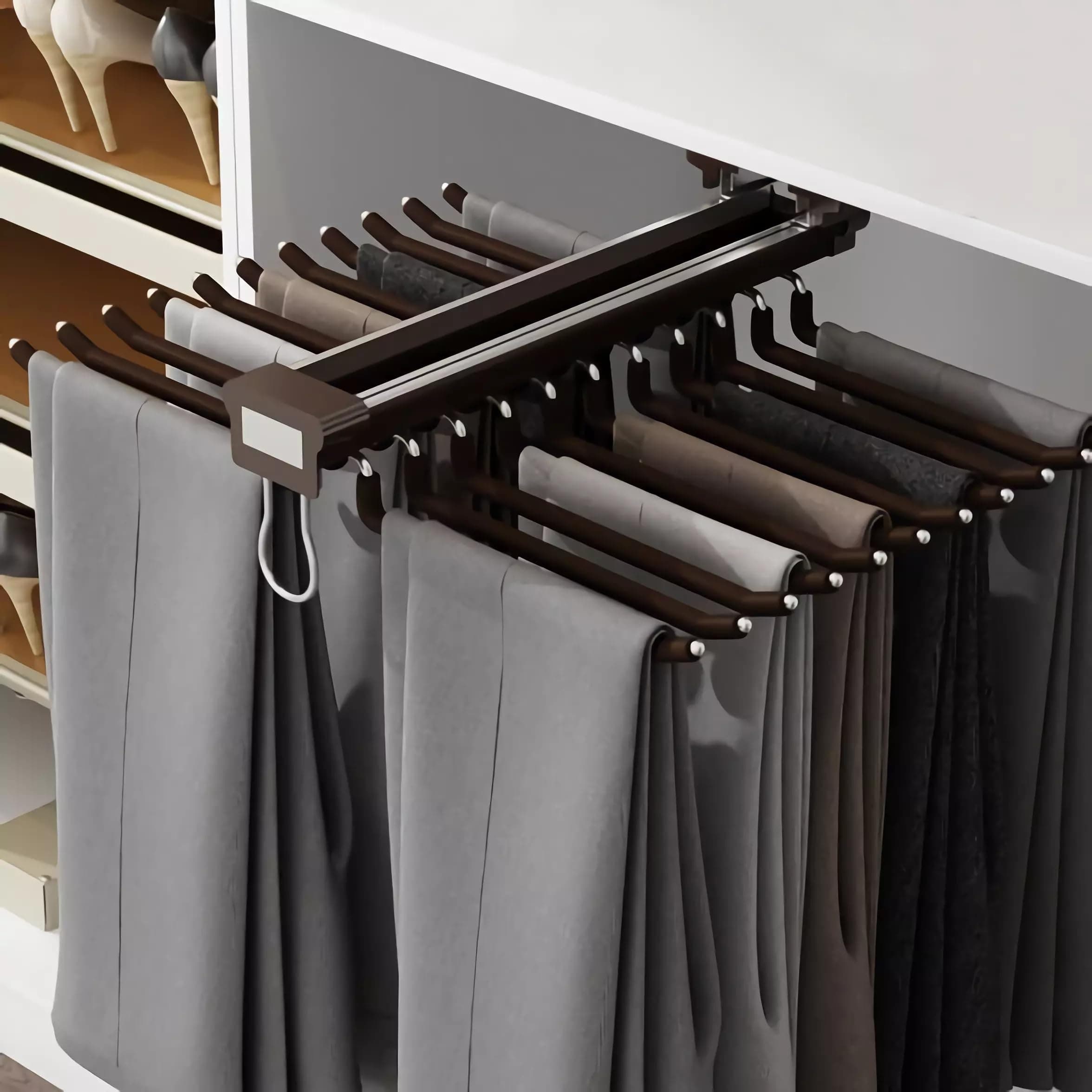 MYOYAY Pull Out Trousers Rack 22 Arms Steel Pull Out Pants Rack Pants Hanger Bar Clothes Organizers for Closet for Space Saving and Storage Maximum Load 33lbs Beige 23.4x18x5.7inch