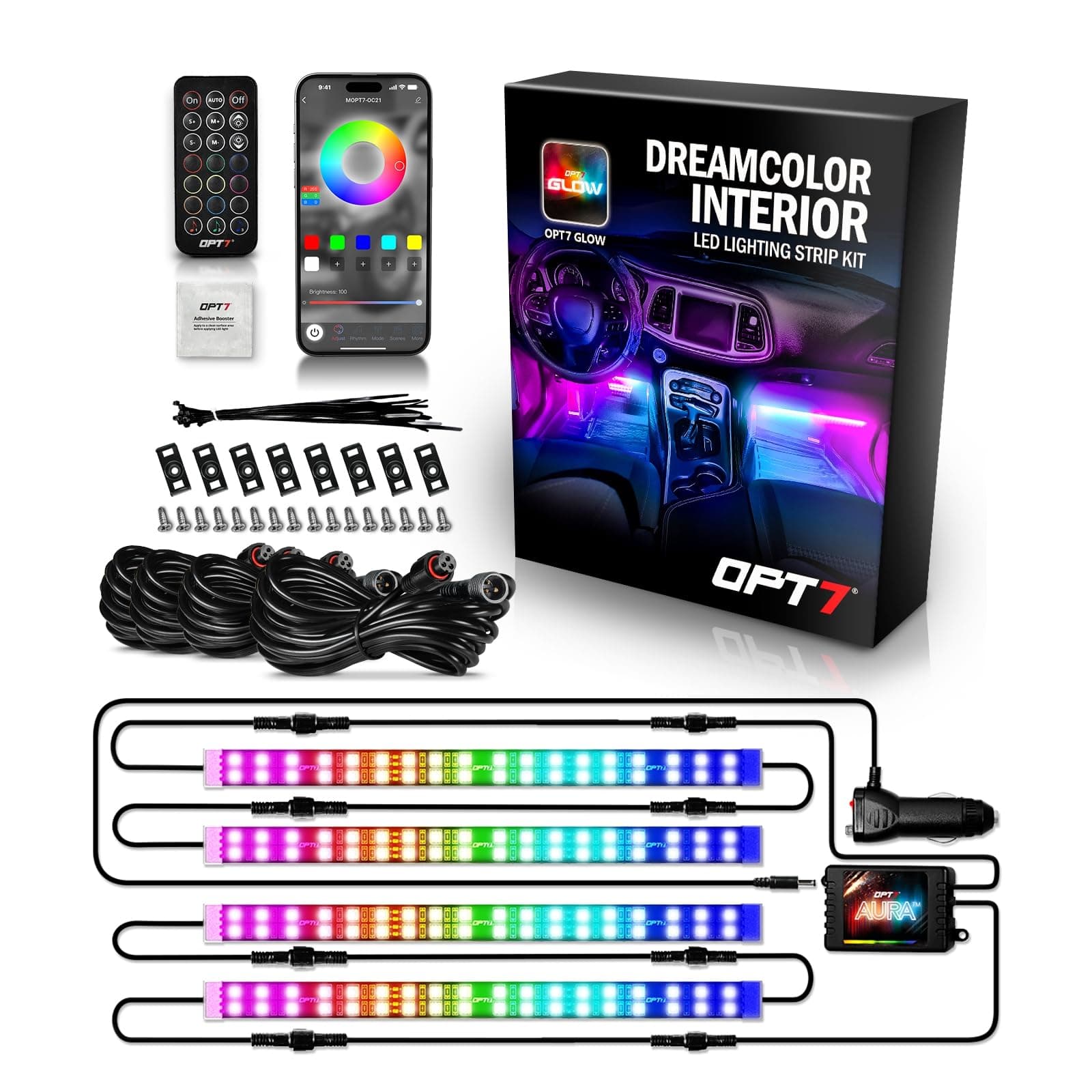 Aura DreamColor Interior Light Strips, 4PC Double RGB-IC LED Color Chasing Kit w/APP & Remote Control, Underdash Ambient Lighting Universal for Vehicles Cars Trucks SUVs