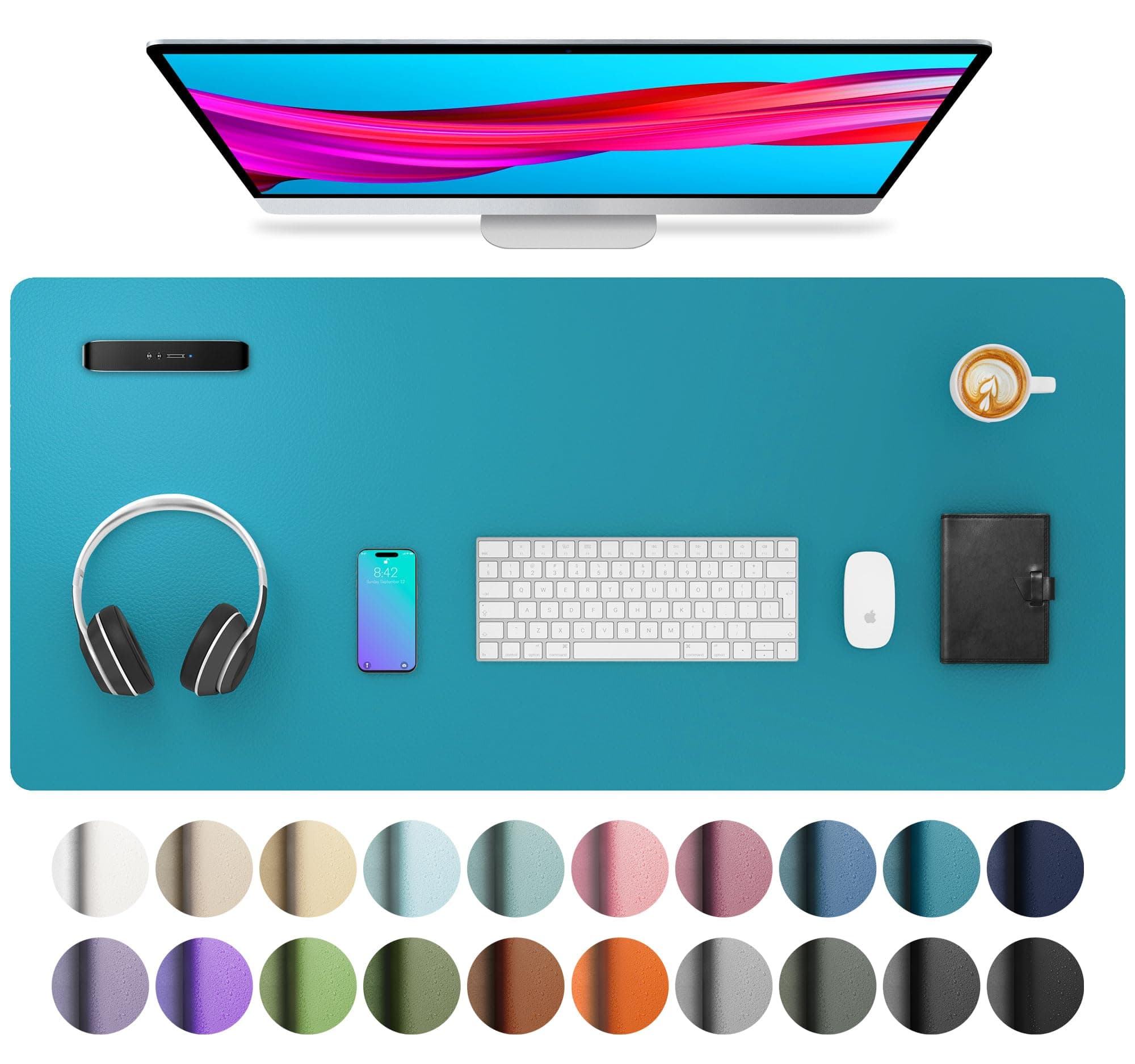 Aothia Leather Desk Pad Protector, Mouse Pad, Office Desk Mat, Non-Slip PU Leather Desk Blotter, Laptop Desk Pad, Waterproof Desk Writing Pad for Office and Home (Turquoise,36" x 17")
