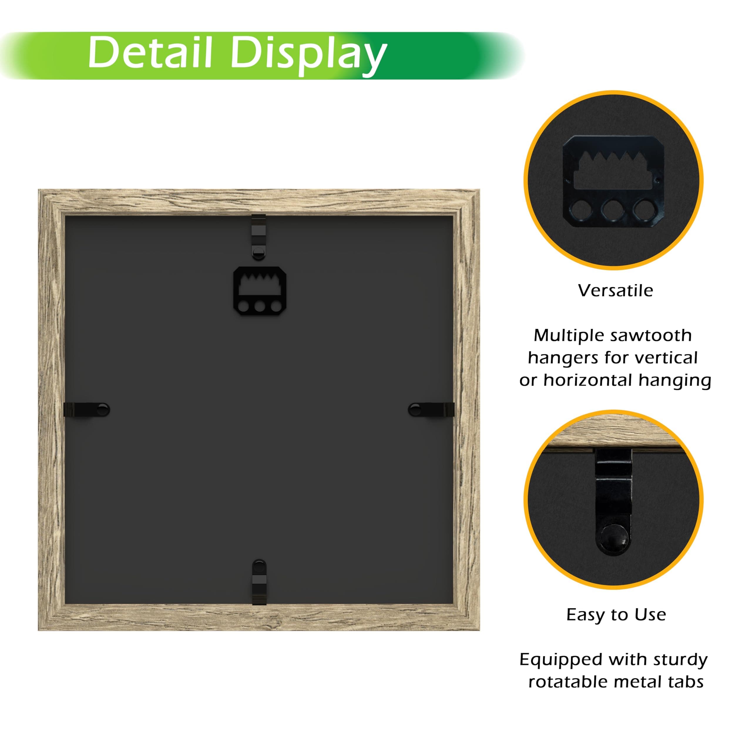 FrameWorks 8x8 Driftwood Wooden Shadow Box Frame – Soft Felt Back, Tempered Glass, and Included Elegant White Ball Push Pins