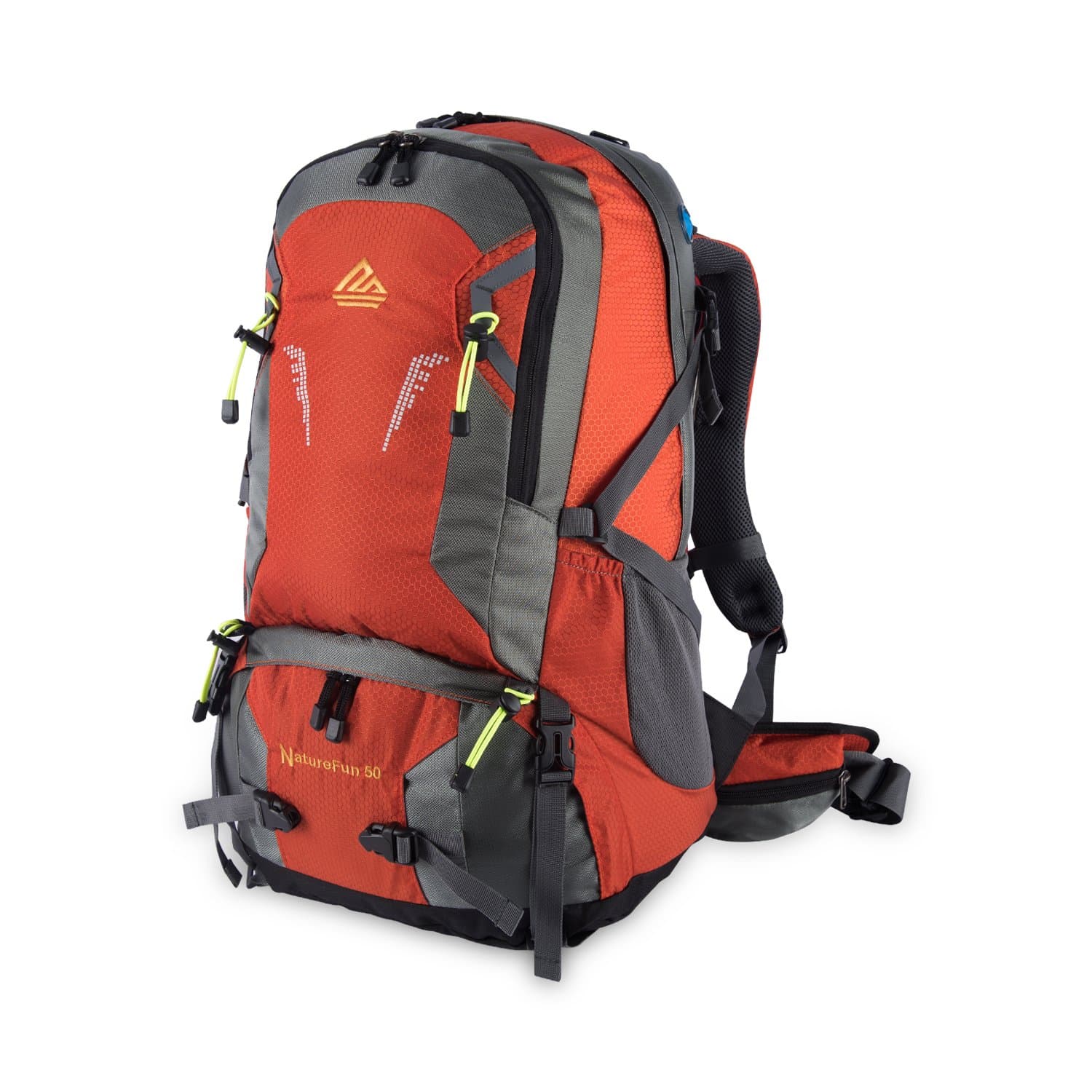 NATUREFUN 50L Internal Frame Backpack Daypack Water Resistant Trekking Bag for Camping,Hiking. Climbing with Rain Cover,For Laptops (Orange)