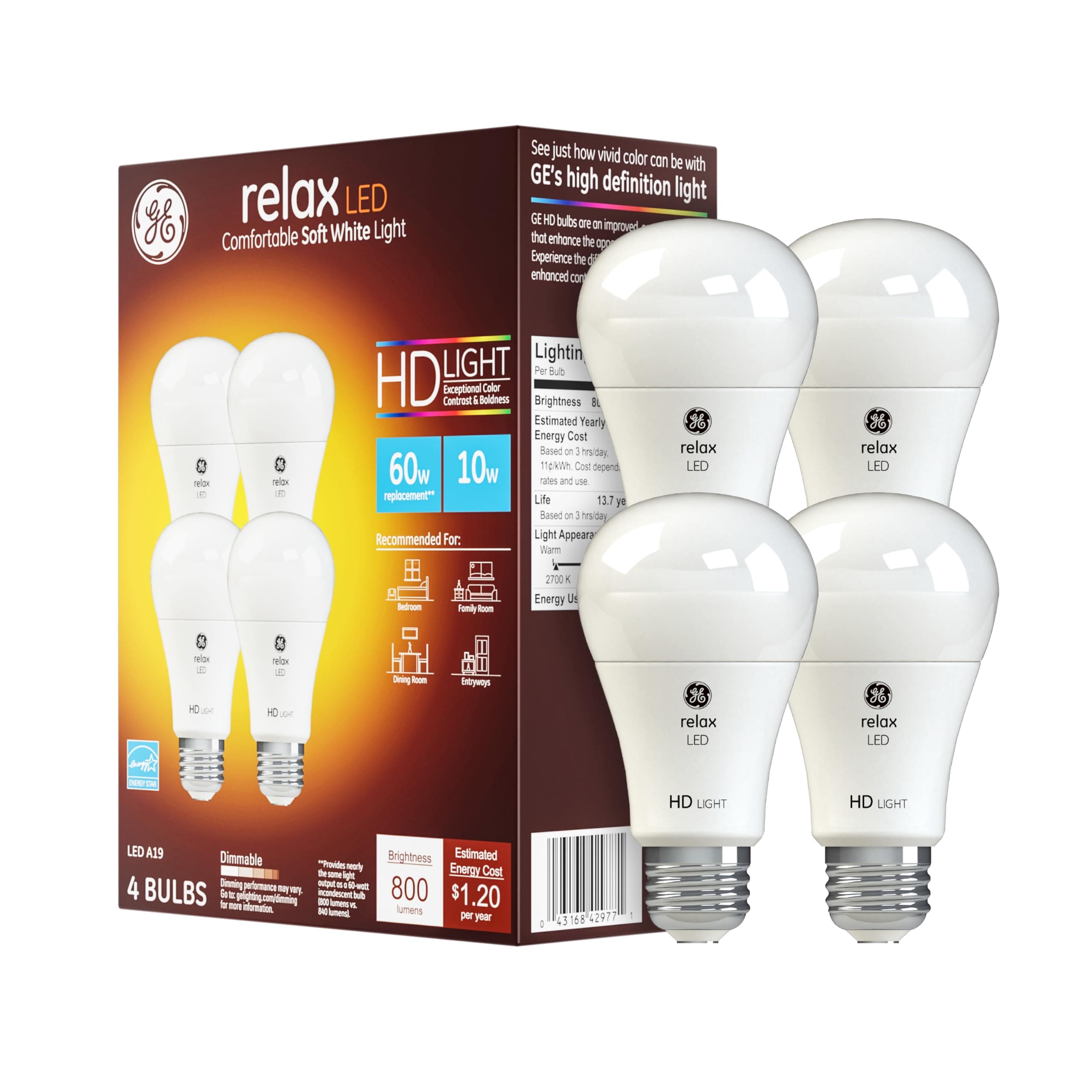 GE Relax LED Light Bulbs, 60 Watt, Soft White, A19 (4 Pack)