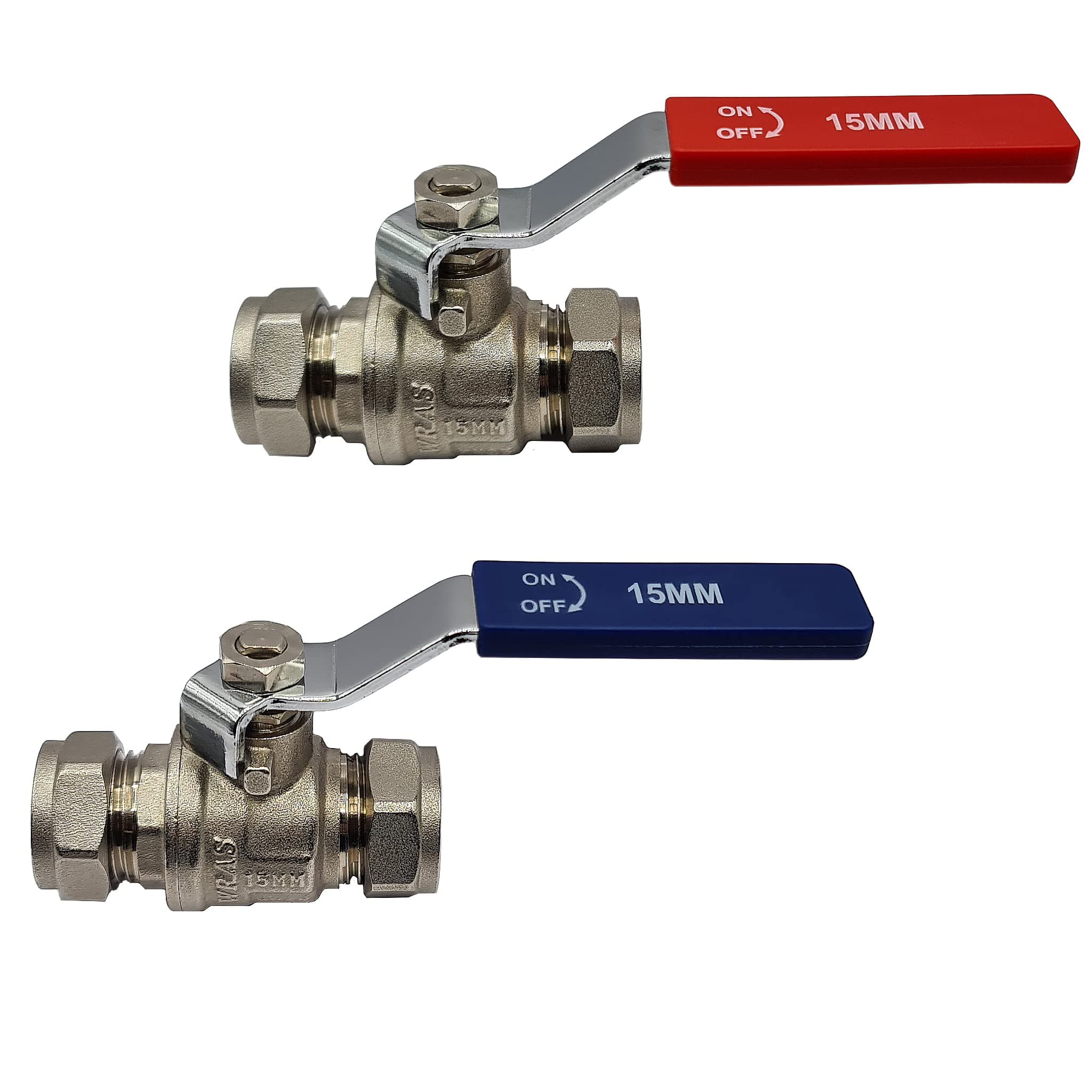 15mm Isolation Valve, 2 Pack with Red & Blue Handle - Lever Compression Fitting Shut Off Iso Valve - WRAS Approved - Large Bore for Increased Flow - Compression Olives Included