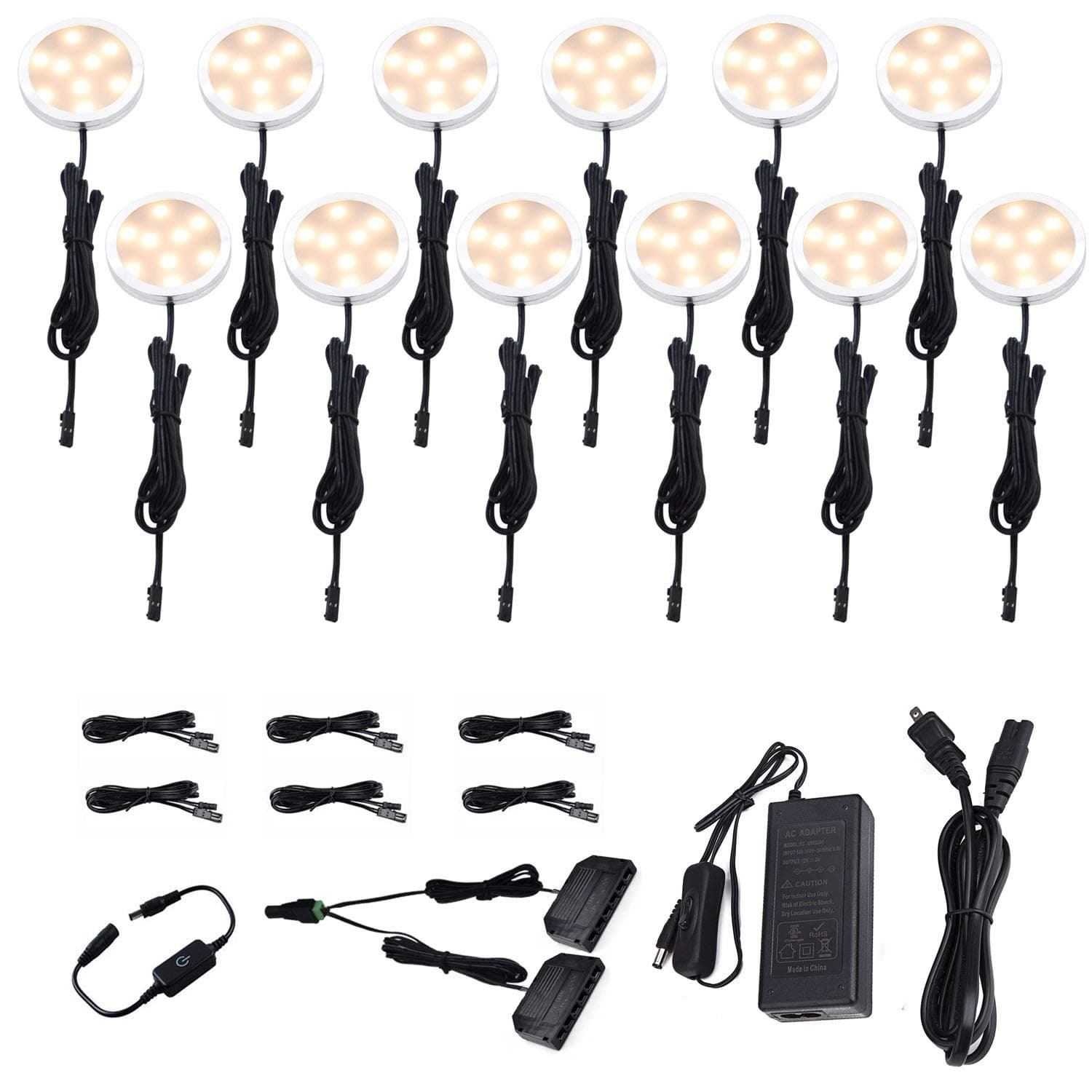 AIBOO LED Under Cabinet Lighting, 12V Under Counter Lights, Touch Dimming Puck Lights, Hardwired or Plug in with UL Listed Adapter, Updated Home Light, Accent Lights 24W (12 Lights Warm White)