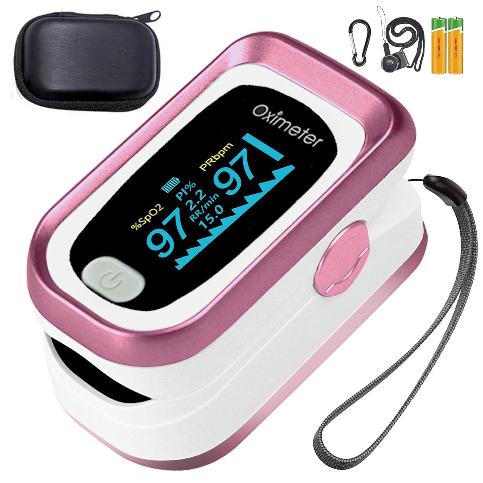 Pulse Oximeter Fingertip, 4 Data Pulse Oximeter with Respiration, Pulse Oximeter with Respiratory, Pulse Oximeter SpO2 Pulse Rate Count, OLED Oximetry with Batteries and Carry Bag and Lanyard (Pink)