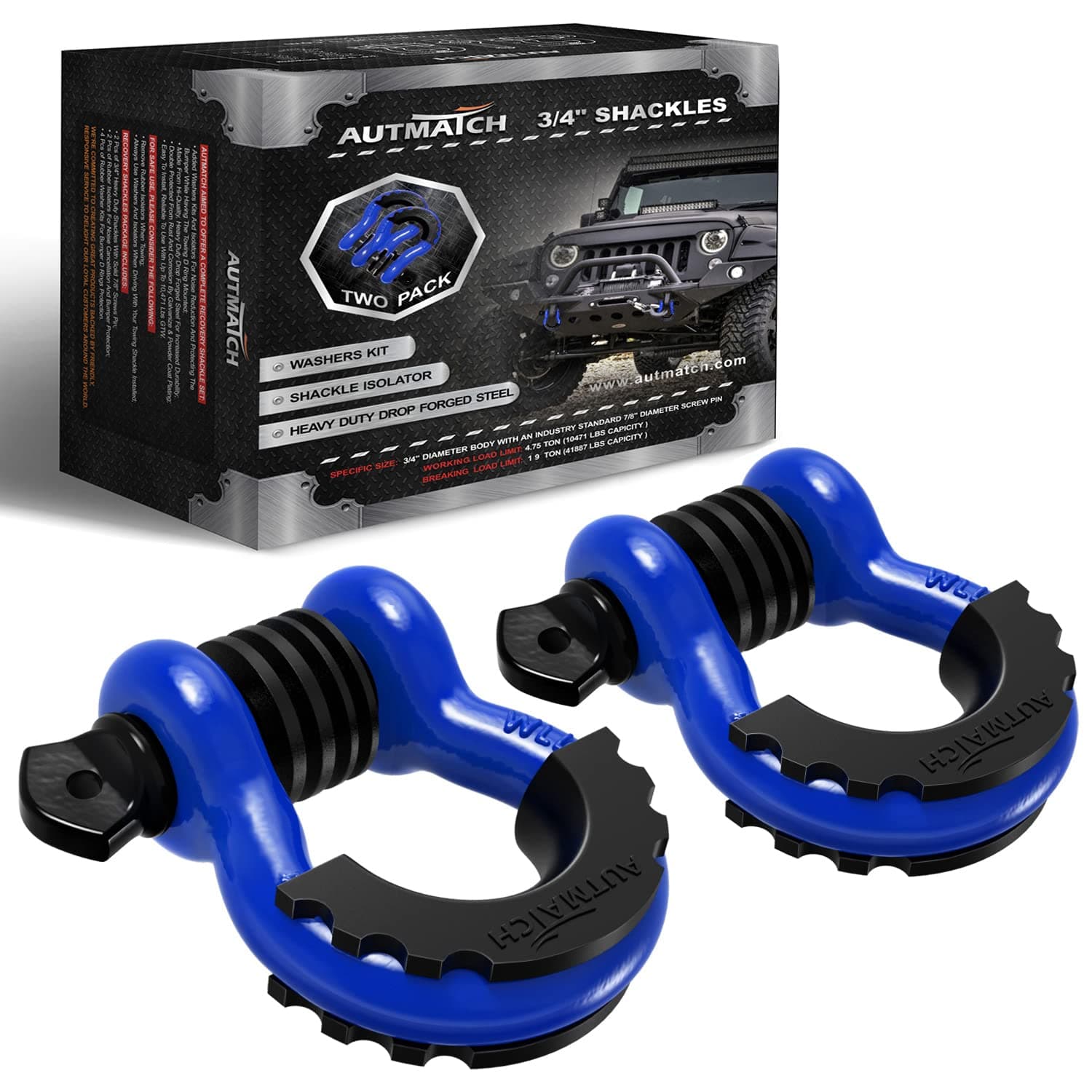 AUTMATCH Shackles 3/4" D Ring Shackle (2 Pack) 41,887Ib Break Strength with 7/8" Screw Pin and Shackle Isolator & Washers Kit for Tow Strap Winch Off Road Vehicle Recovery Blue & Black