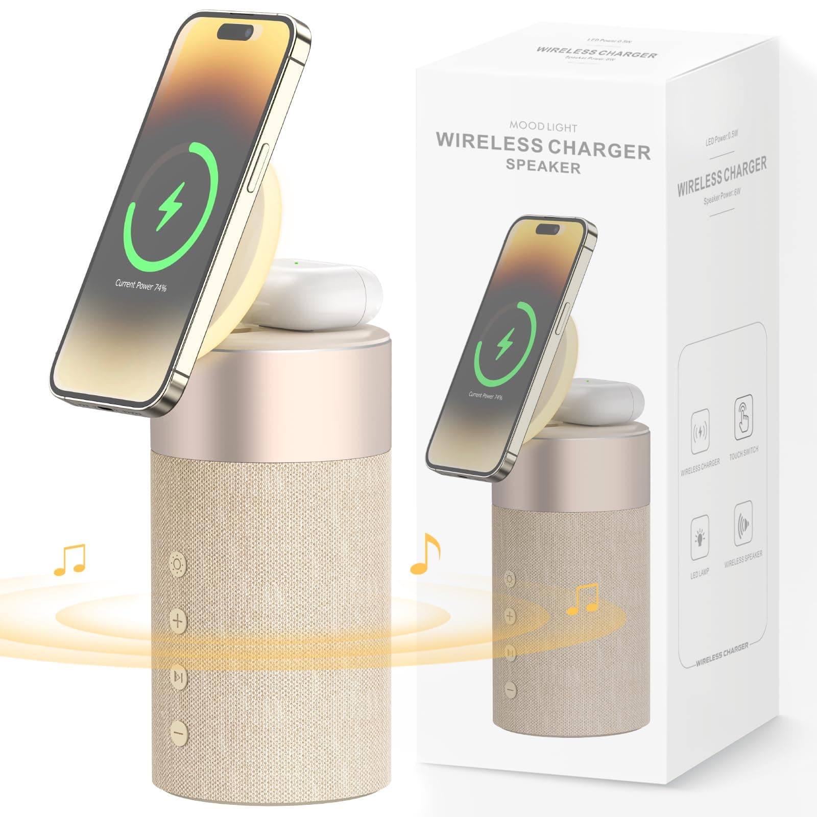 Bluetooth Speaker, Magnetic Wireless Charger, Bluetooth Speakers with Night Light, 2 in 1 Wireless Charging Station for iPhone 17/16/15/14/13/12 Series, AirPods Pro 2/4/3/2(Gift Ideal)(Yellow)