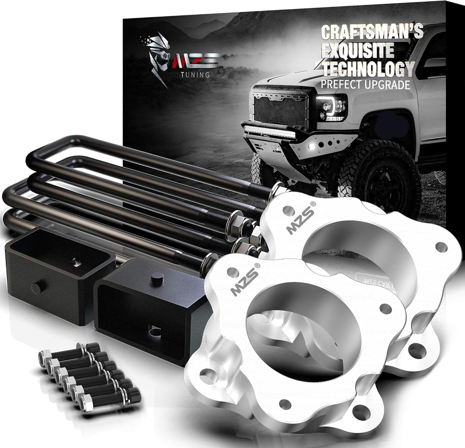 MZS Leveling Kit, 3" Front Strut Spacers and 2" Rear Lift Blocks with Extended Square U Bolts Compatible with 2007-2026 Silverado 1500/Sierra 1500