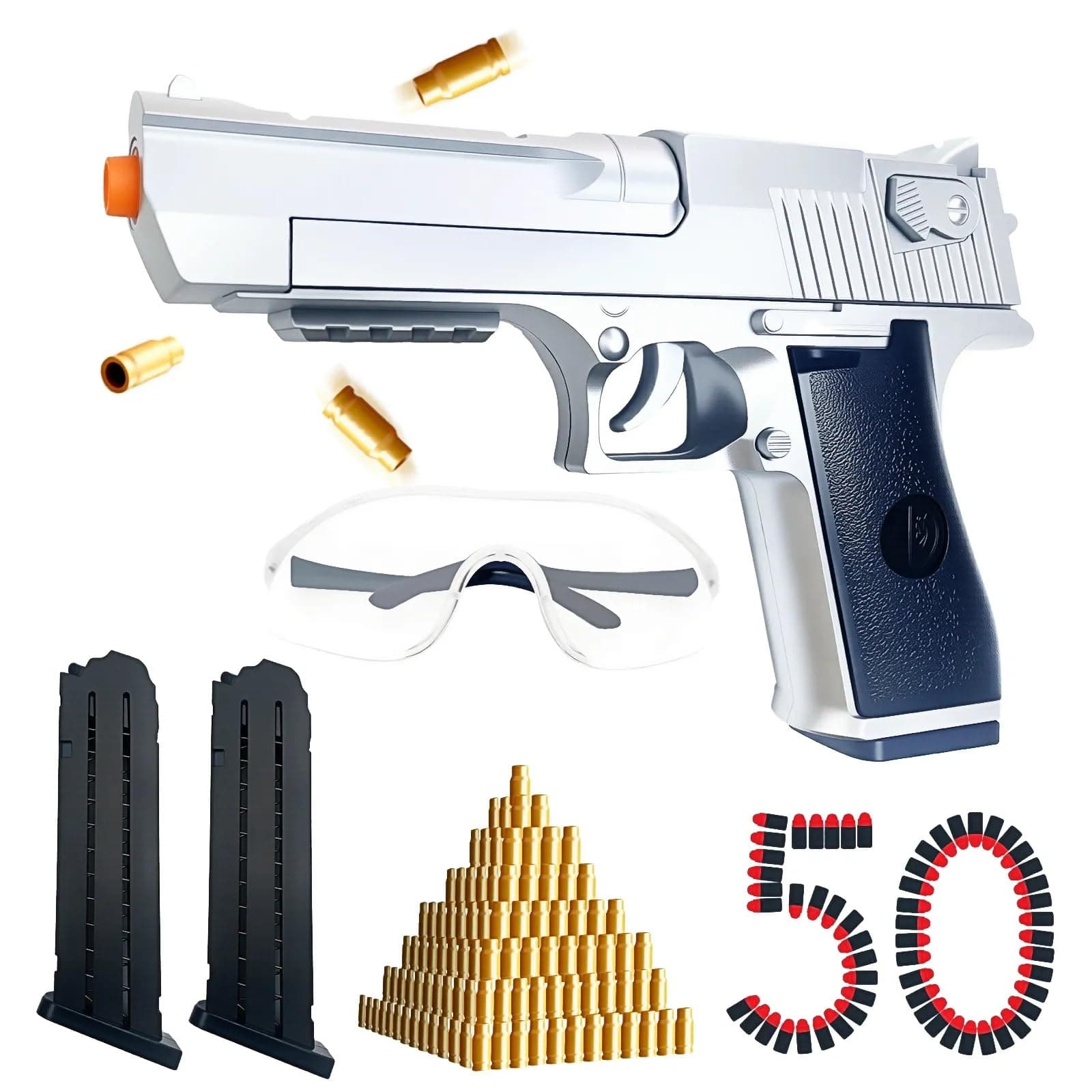 Foam Blaster Pistol Toy Gun with Shell Ejecting – Safe for Kids Ages 6+ – Includes 50 Soft Bullets & Goggles – 32ft Shooting Range – Fun Indoor Outdoor Party Game – Great for Foam Dart Battles