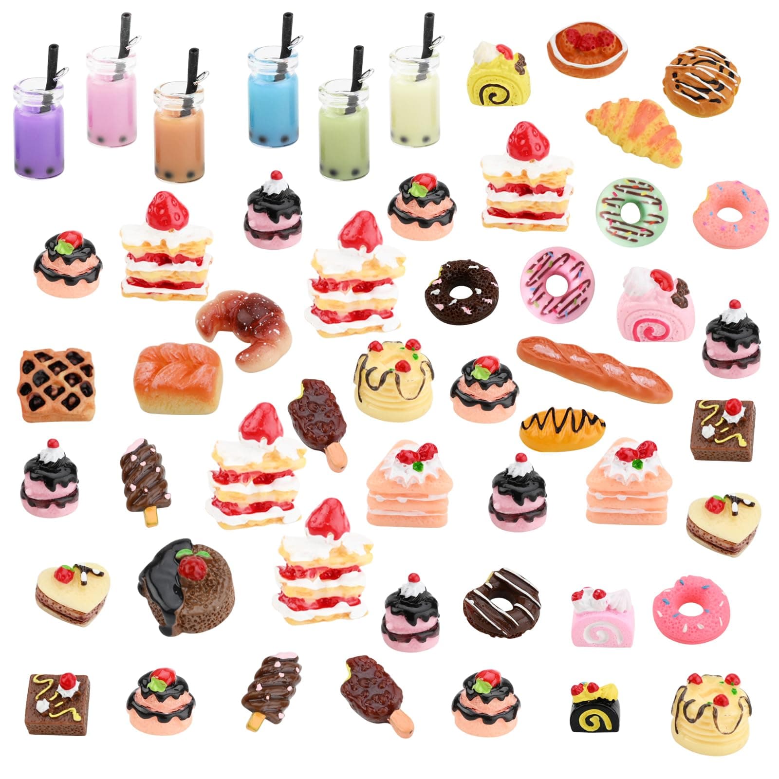 – 53 Pieces Miniature Food Models, Include Cake Bread Ice Cream Doughnut Drinks, Resin Mini Food Drink, Miniature Dollhouse Set, Miniature Kitchen Accessories, Pretend Play Food Set