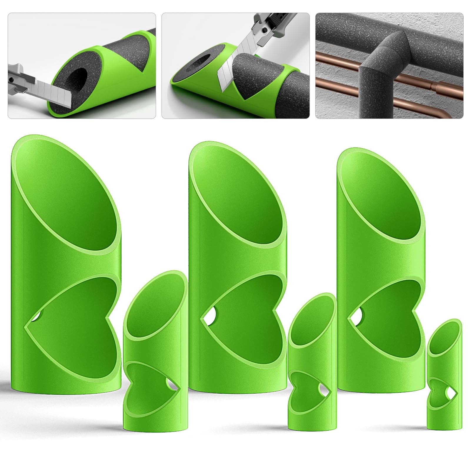 6PCS Foam Pipe Cutter, 6 Sizes Pipe Insulation Foam Water Tube Cutter Tool, Insulation Cutting Fixture for Pipe Insulation in Homes, Industries&Commercial Places 15MM-22MM-28MM-40MM-46MM-53MM (Green)