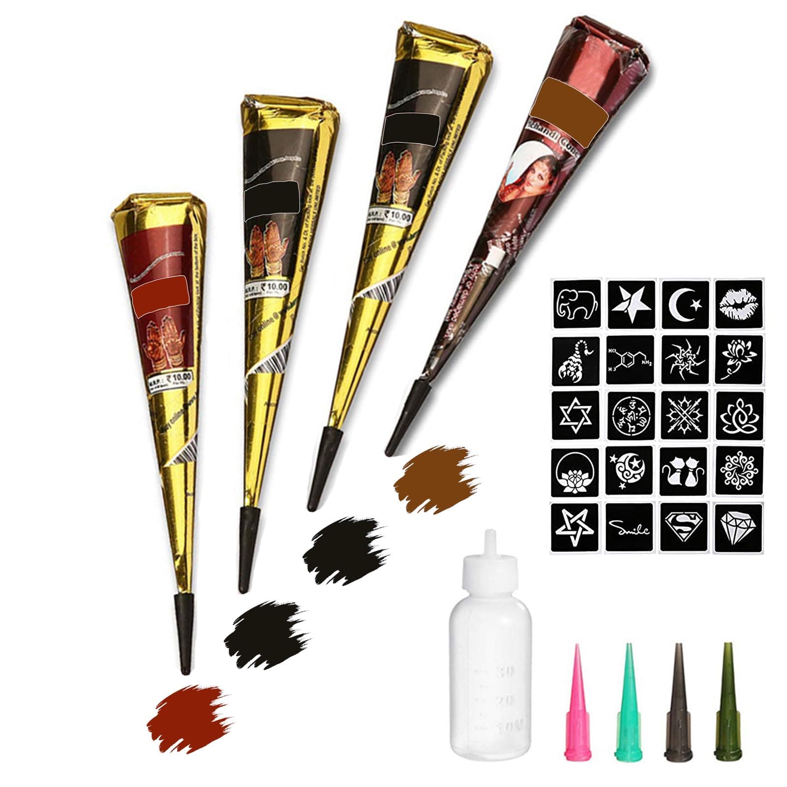 Tattoo Paste Cones, 4Pcs Semi Permanent Temporary Tattoos Kit, India Body DIY Art Painting for Women Men Teen, Summer Trend Freehand Paste with 3 Colors, 20 Adhesive Stencil, 1 Bottle, 4 Nozzles