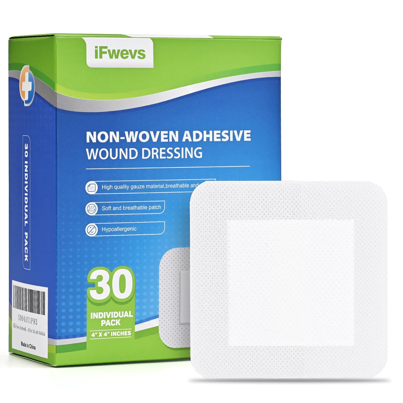 30 Count Bordered Gauze Island Dressing - 4" x 4" Sterile Individually Wrapped Gauze Pads Highly Absorbent, Non-Woven Backing -Breathable Wound Dressing for First Aid(2x2 Non-Stick Pad in Center)