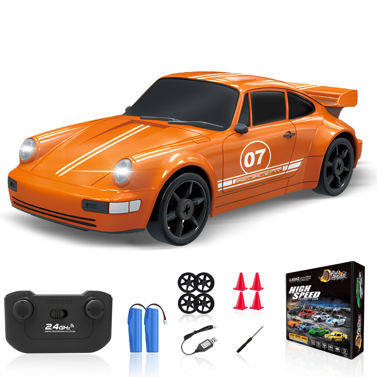 RC Drift Car, 1/24 4WD Remote Control Car 2.4GHz High Speed Drifting RC Cars with LED Light, Two Rechargeable Batteries and Drift Tires for Kids Boys Girls and Adults, Orange