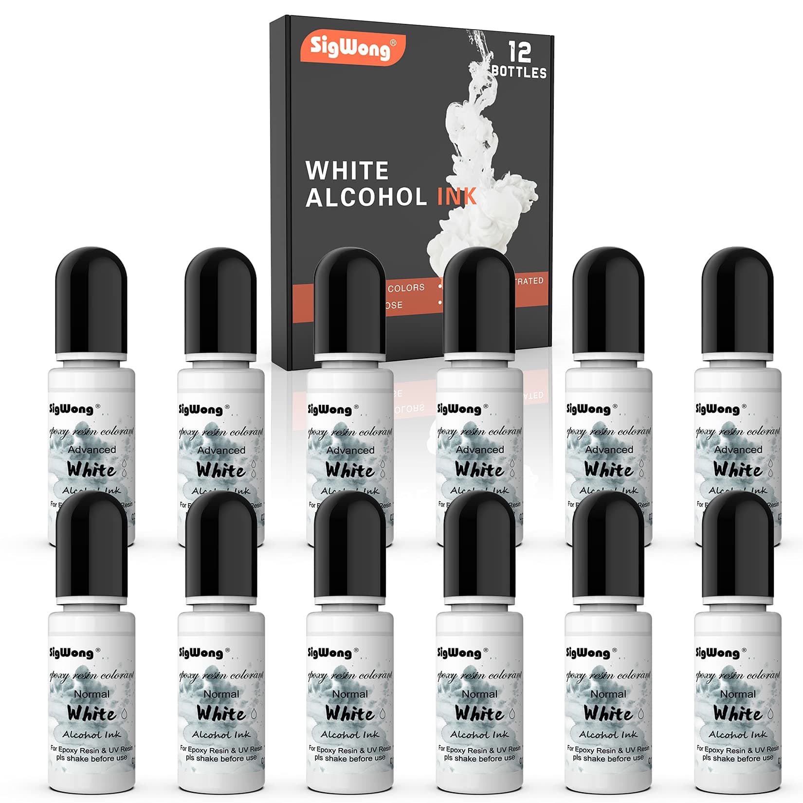 SigWong White Alcohol Ink Set - 12 Bottles White Colors Alcohol-Based Ink, White Alcohol Paint Dye for Epoxy Resin Painting, Resin Petri Dish, Yupo Creations, Coaster, Painting, Tumbler - 120ml/4fl.oz