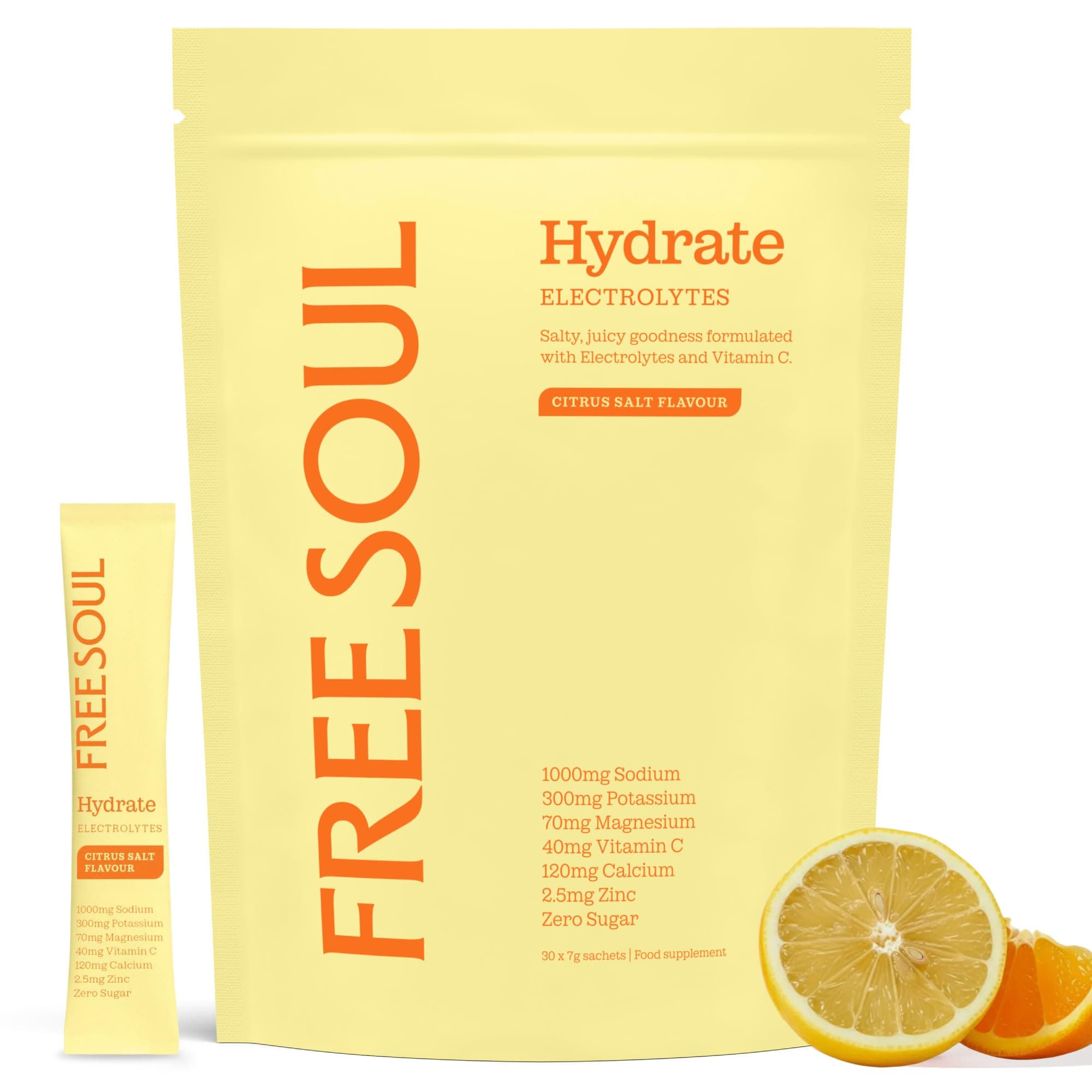 Free Soul Hydrate | Electrolyte Hydration Sachets | Zero Sugar | 30 Sachets | Advanced Electrolyte Powder with Sodium, Magnesium, Vitamin C | Citrus Salt Flavour