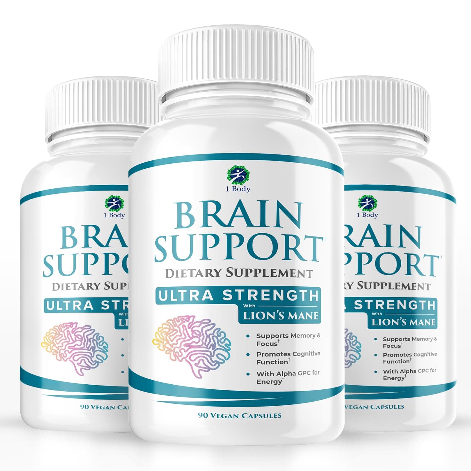 1 Body Brain Support Triple Pack, Alpha GPC and Lion's Mane Extract, 90 Capsules Each