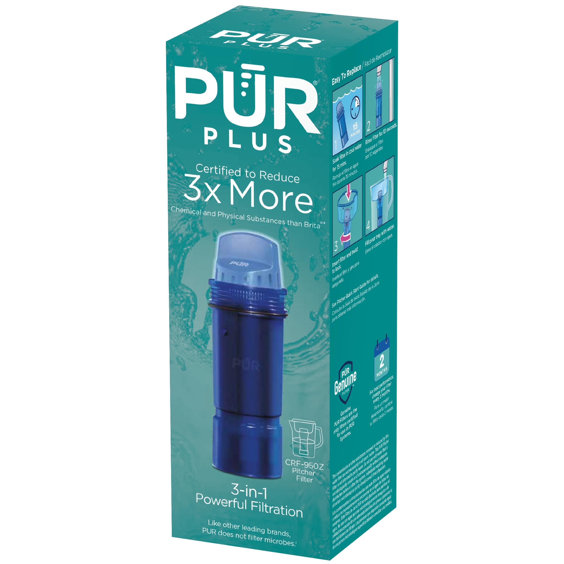 PURWater Pitcher & Dispenser Replacement Filter 1-Pack, Genuine PUR Filter, 3-in-1 Powerful Filtration for More Chemical & Physical Substance Reduction, Blue (CRF950Z1)