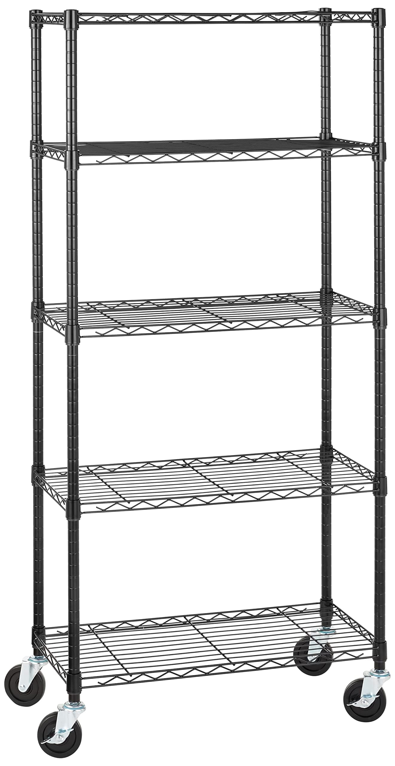 5-Shelf Medium Storage Unit on 4-inch Casters with Height Adjustable Shelves and Levelling Feet - 680kg Max Weight, Black, 76.2 cm D x 35.6 cm W x 164.5 cm H