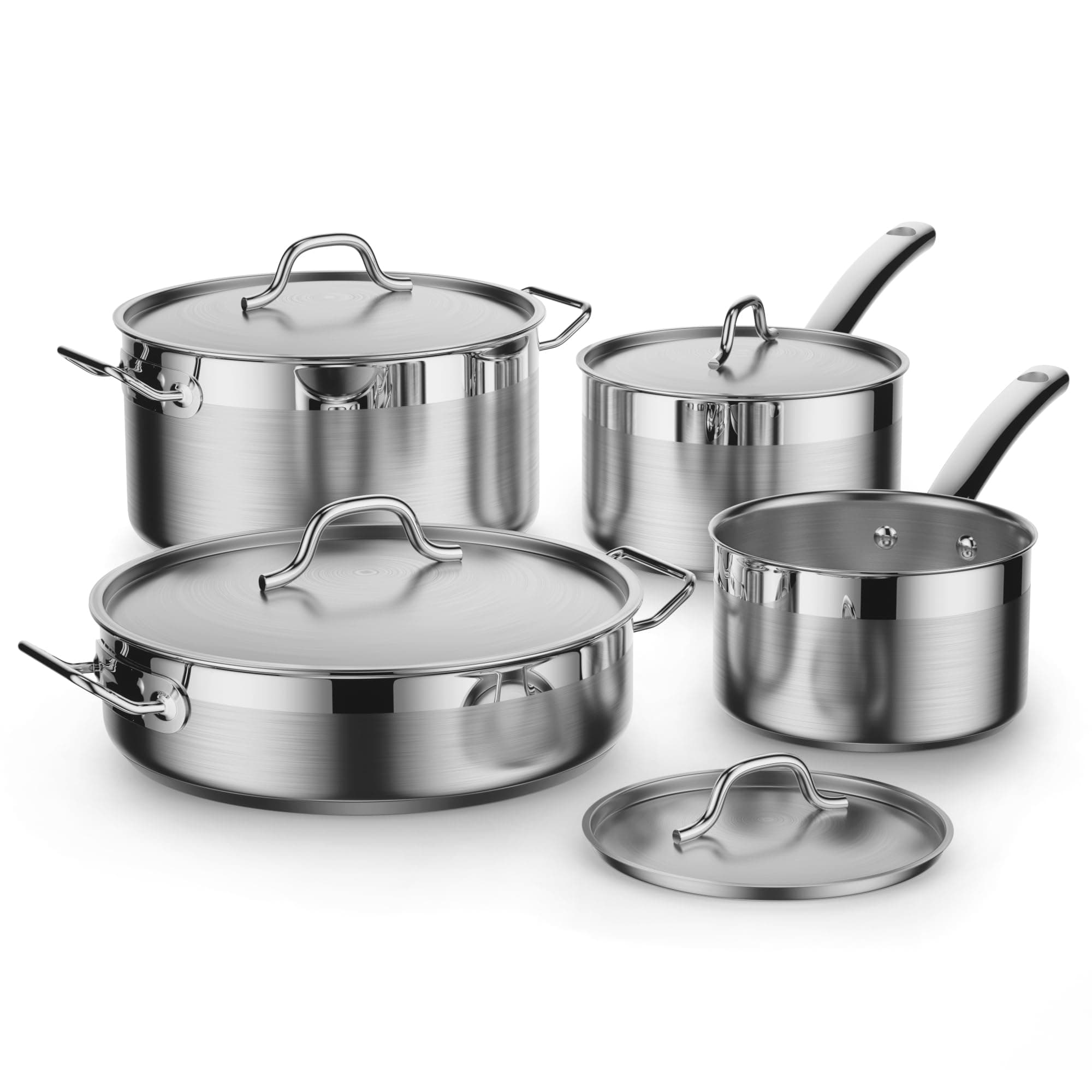 Kitchen Cookware Sets Stainless Steel, Professional Pots and Pans Include Saucepan, Sauté Pan, Stockpot with Lids, 8-Piece, Silver