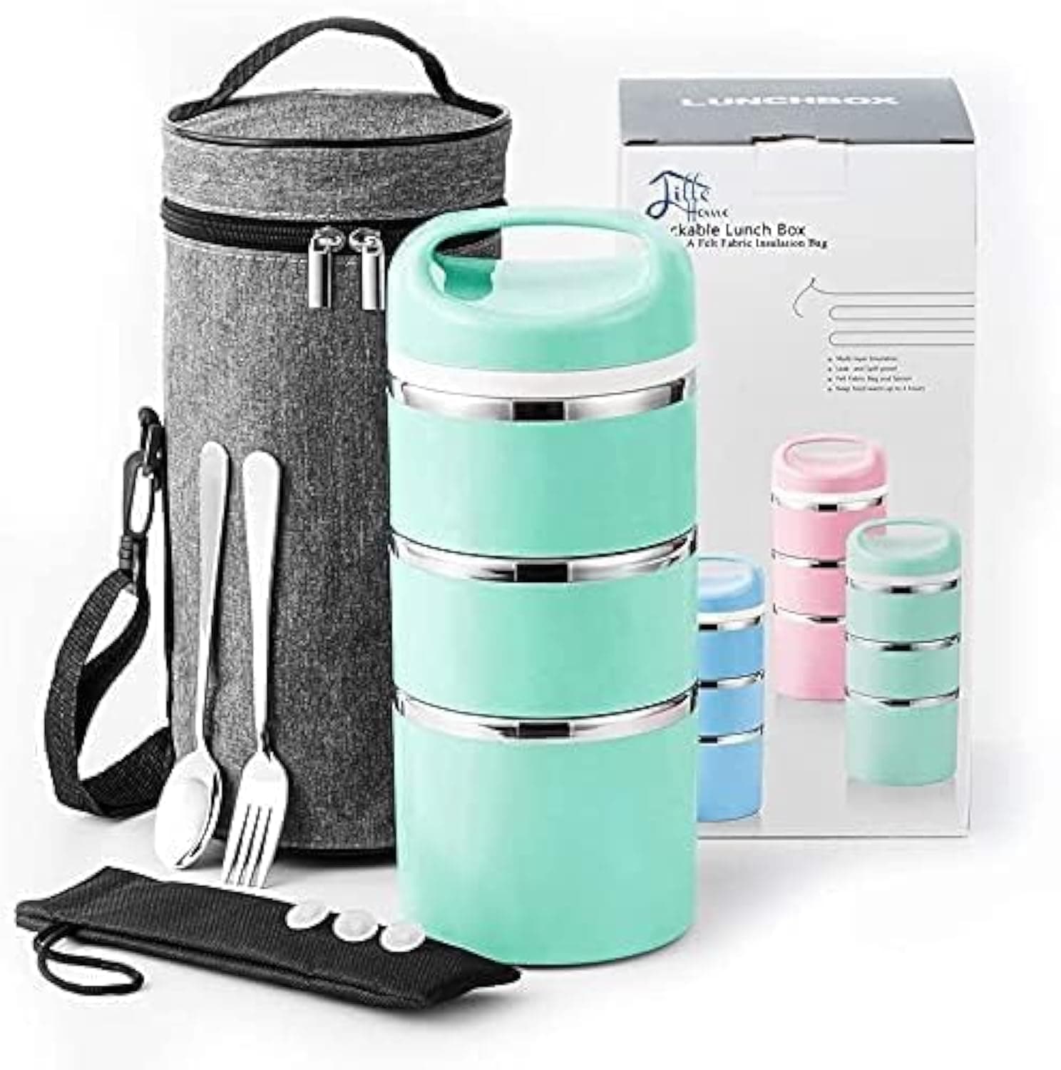 Lille Home Stackable Stainless Steel Thermal Compartment Lunch/Snack Box 1380ml 3-Tier Insulated Bento Food Container with Lunch Bag, Cutlery and 3 Extra Seals (Green)