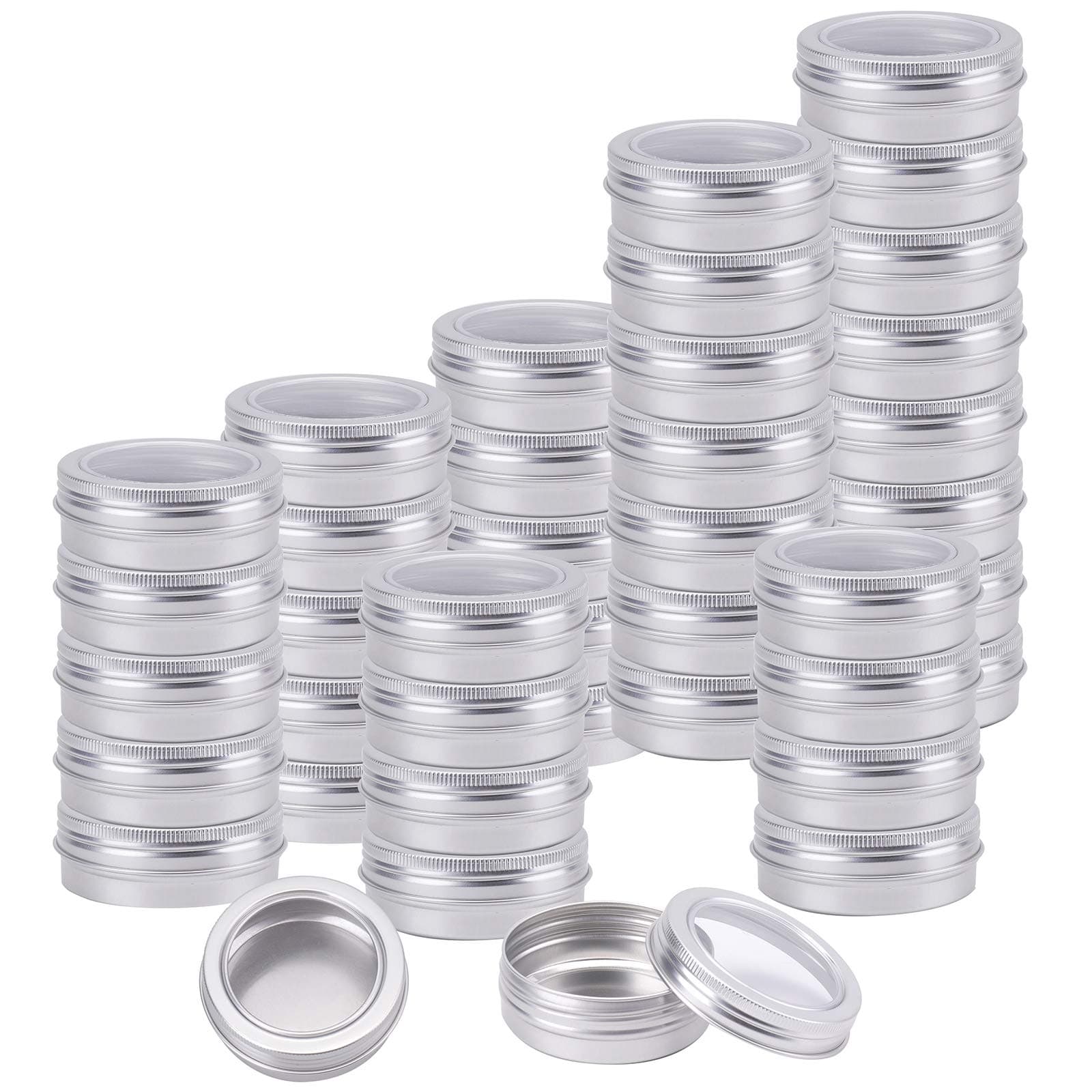 Foraineam 40 Pack 2 Ounce Round Tin Cans Metal Empty Tins Silver Aluminum Kitchen Office Travel Storage Containers with Clear Screw Top Lids