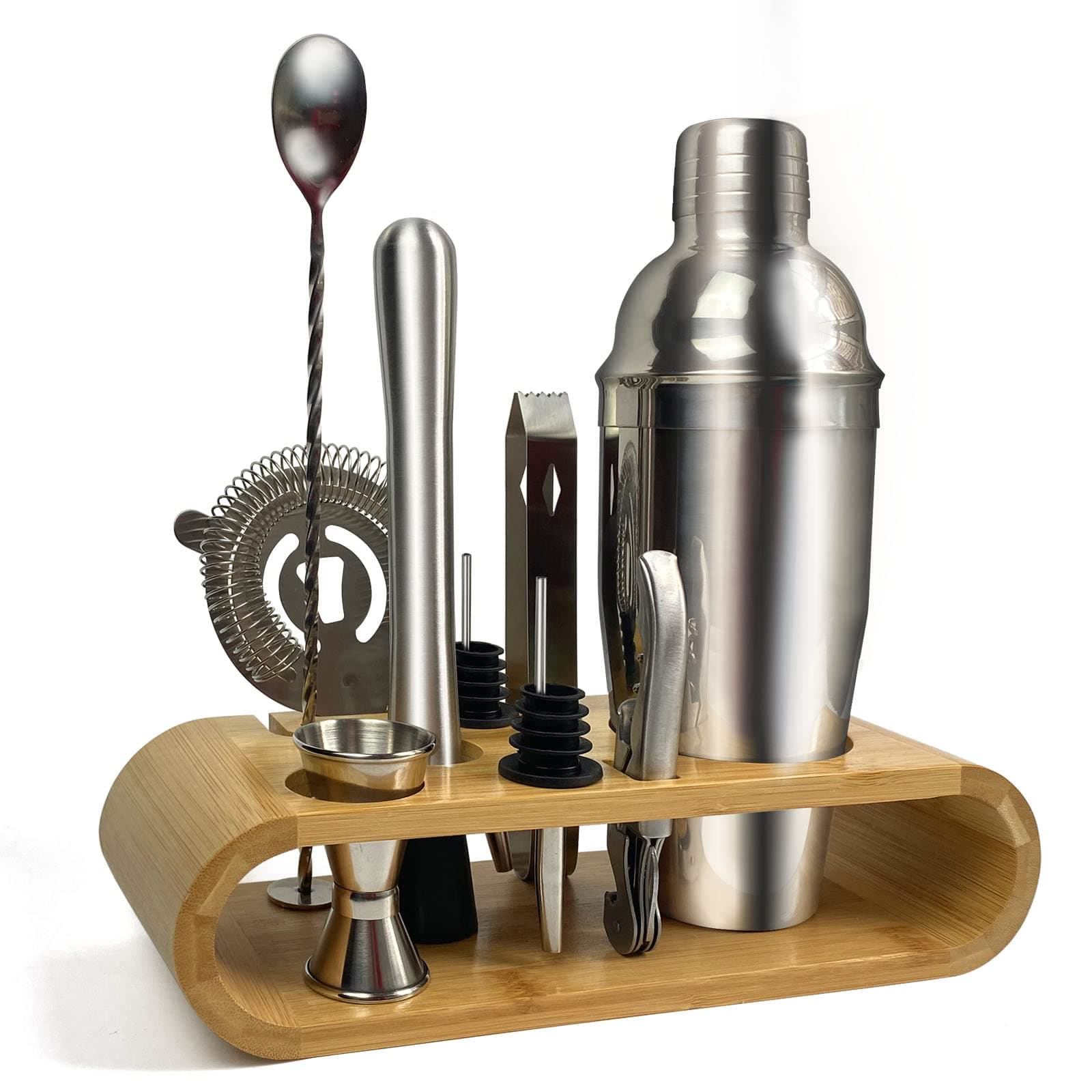 11-Piece Bar Tool Set with Stylish Bamboo Stand - Perfect Home Bartending Kit and Martini Cocktail Shaker Set For an Awesome Drink Mixing Experience