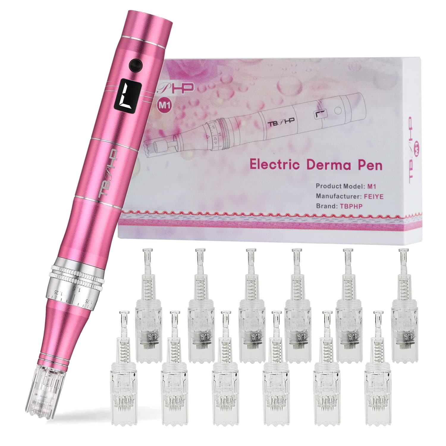Dermapen TBPHP M1 Upgraded Electric Wireless Beauty Pen with LCD Screen with 12pcs Cartridges for Skin Care Kit for Face and Body (Pink)