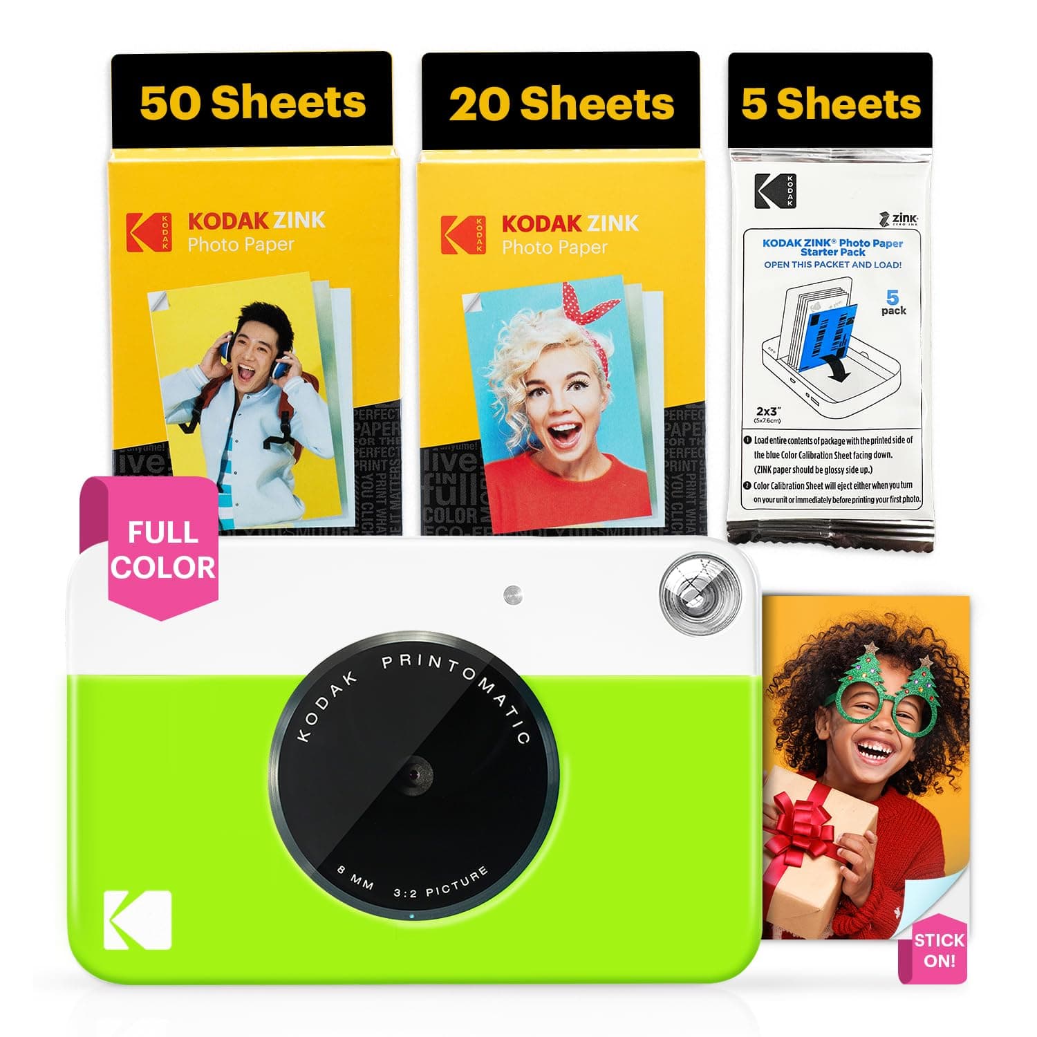 KODAK Printomatic Full-Color Instant Print Digital Camera - 75 Sheets Bundle - Prints On Zink 2x3 Sticky-Back Photo Paper - 5MP, Portable, Creative Fun Gift for Birthday, Christmas, Holiday - Green