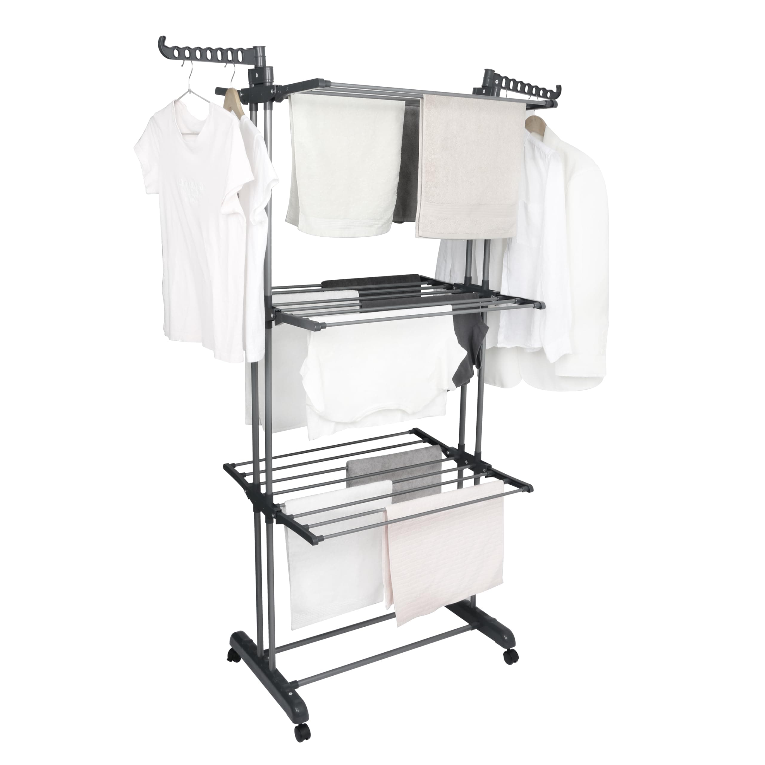 Airer Clothes Drying Rack,4-Tier Grey Foldable Clothes Hanger Adjustable Large Stainless Steel Garment Laundry Racks for Indoor Outdoor with Foldable Wings