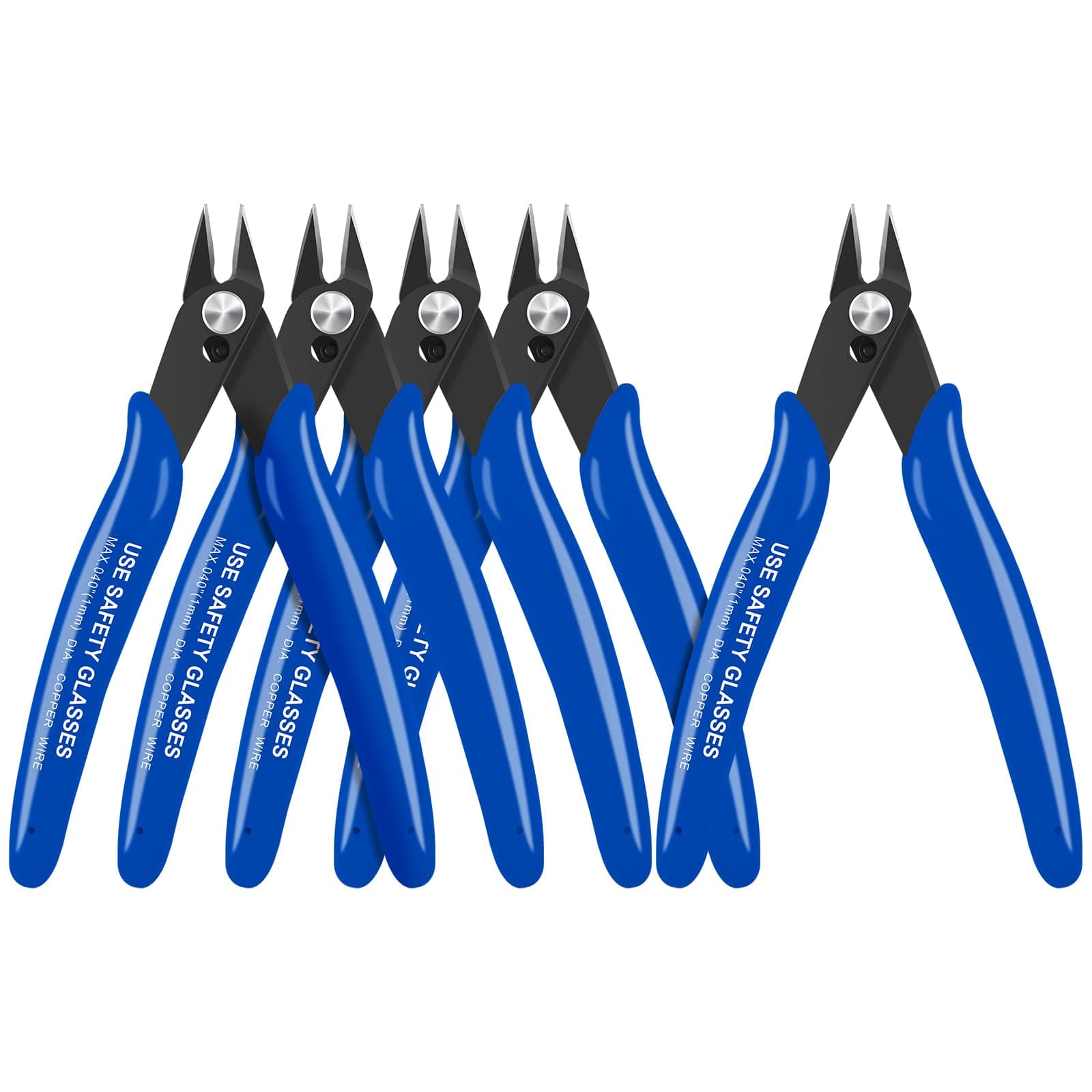 HongWay 5pcs Micro Flush Cutters With Internal Spring, 5 Inches Blue - Side and Diagonal Cutters for Electronics, Heating Wire, Model Sprue, Soft Copper Wire Snips