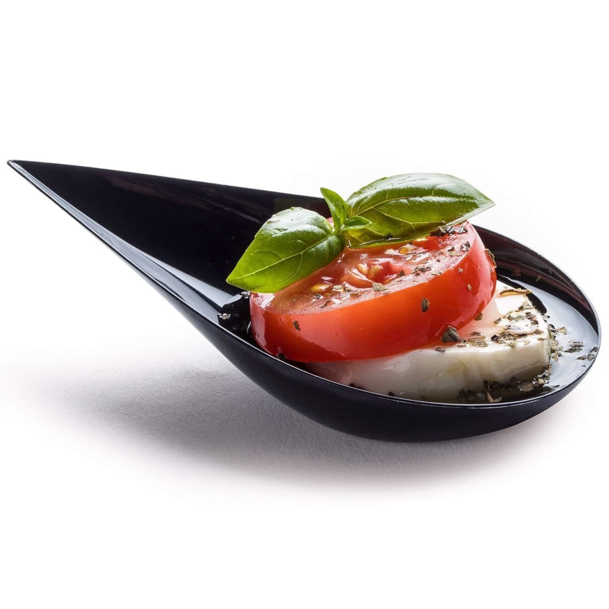 DLux 100 4-in Tear Drop Mini Appetizer Plates, Reusable Black Plastic Spoons - Desserts and Appetizers Dishes Serving Plate - Asian Spoon Set, Small Catering Dessert Tasting Cups - with Recipe Ebook