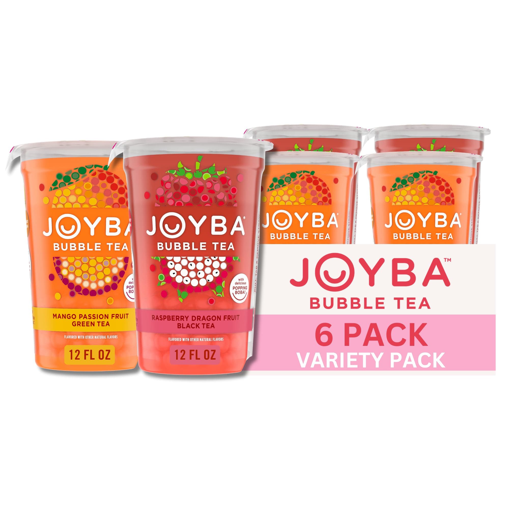 Bubble Tea Variety Pack, Mango Passion Fruit Green Tea & Raspberry Dragonfruit Black Tea with Popping Boba, 6 Pack, 12 fl. oz. Cups
