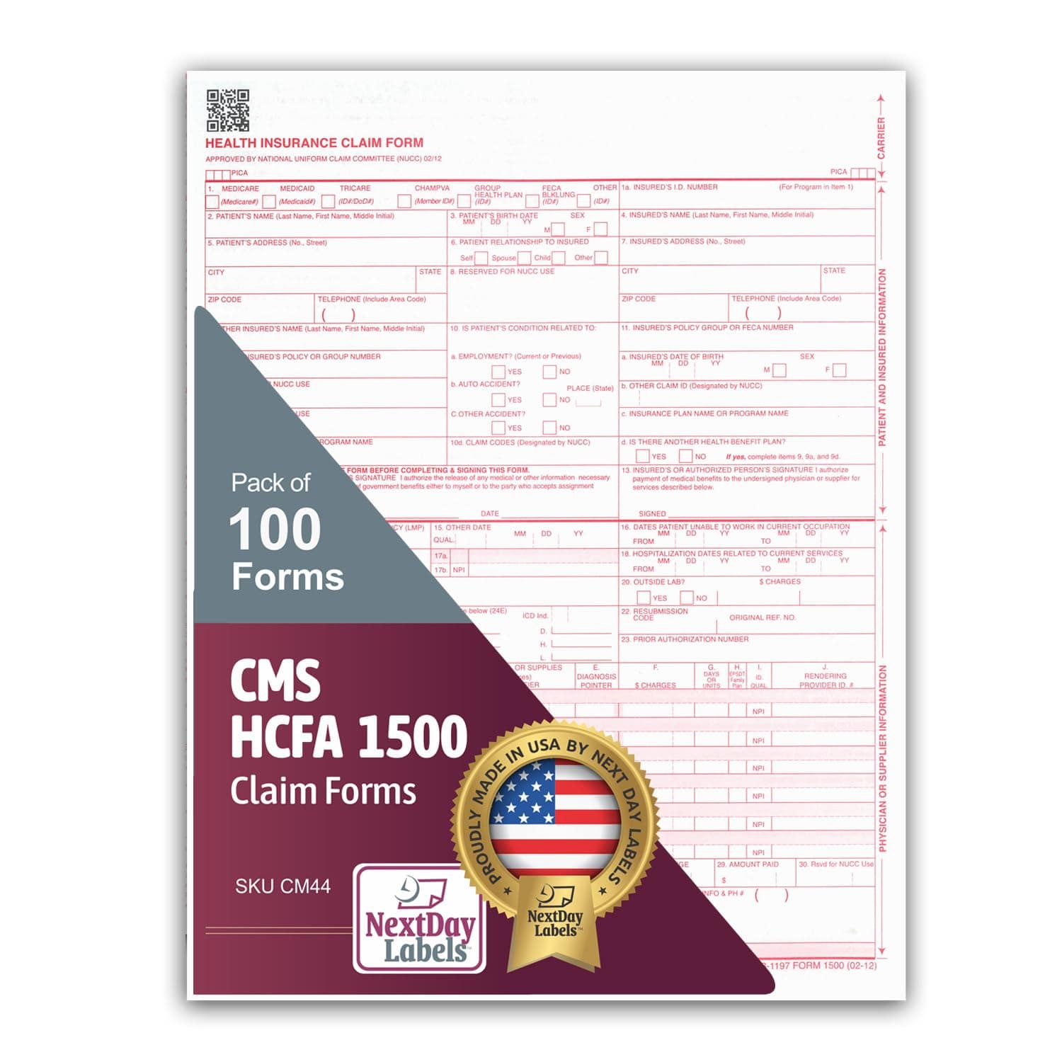 CMS 1500 / HCFA 1500 Insurance Claim Forms - Laser/Ink-Jet Compatible (New Version 02/12) Letter Size 8-12" x 11", 100 Sheets Per Pack
