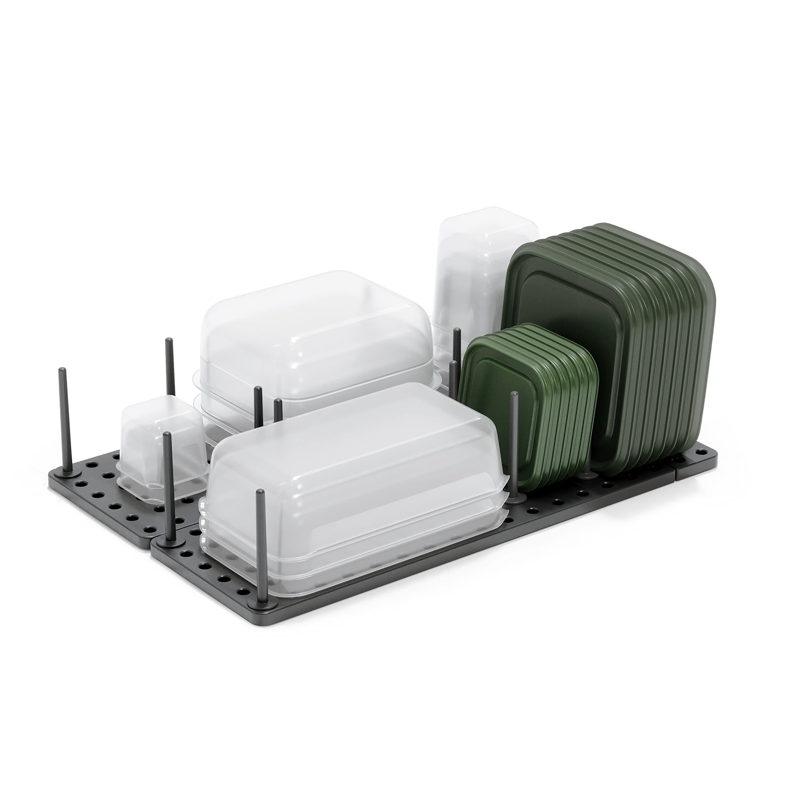 Umbra Peggy Kitchen Drawer Cupboard Organizer Tray - Adjustable Storage System For Food Containers, Cookware, Serveware, Utensils and More, Grey