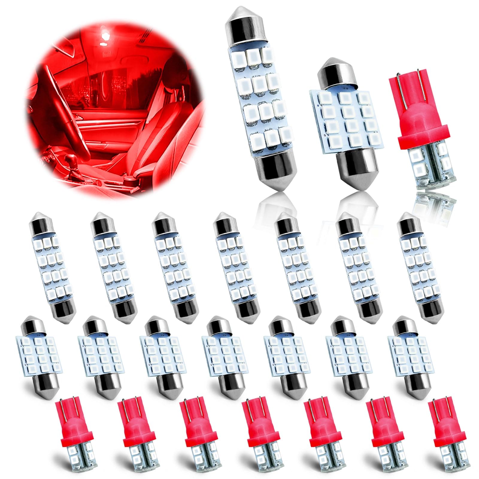 NTNEV 24PCS LED Interior Replacement Bulbs, Interior Car Lights, Dome Light LED Car Bulb Kit Set T10 31 mm 42 mm, Used for Map Dome Lights and License Plate Courtesy Lights Accessories (Red)