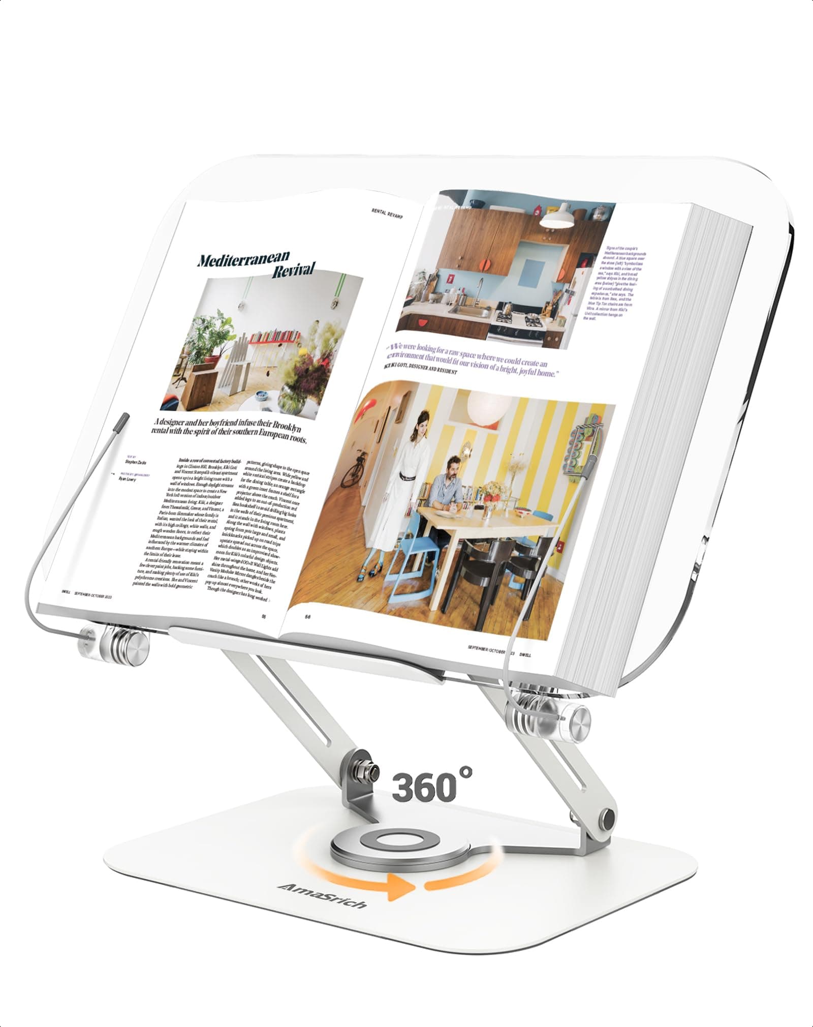 Acrylic Book Stand for Reading, Adjustable Holder with 360° Rotating Base & Page Clips, Foldable Desktop Ricer for displaying Cookbook, Sheet Music,Laptop,Recipe,Textbook,Hands Free,Aluminium
