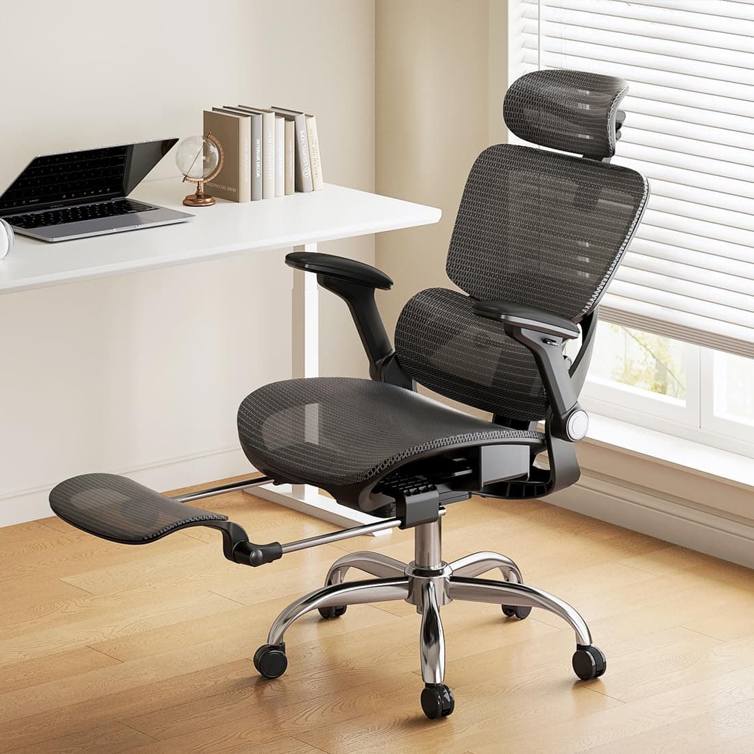 Ergonomic Office Chair, 400 LBS Capacity, Adjustable Adaptive Lumbar Support, High Back Mesh Chair with Flip-up Arms, Retractable Footrest Multifunctional