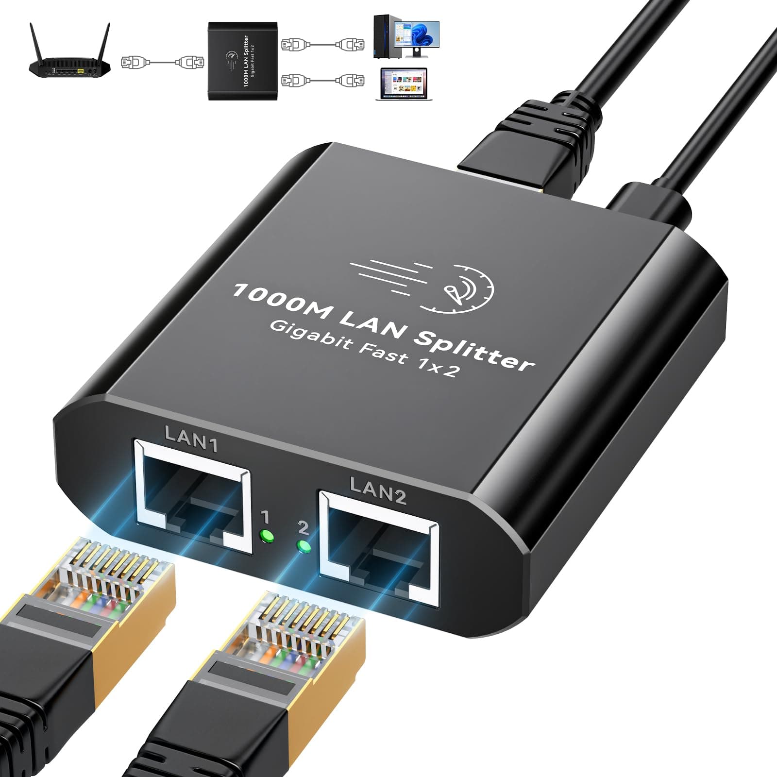 Ethernet Splitter 1 to 2 1000Mbps Internet Cable Splitter 1 in 2 Out High Speed Either Network Splitter Gigabit Dual LAN RJ45 Port Router Switch Work with Cat6/7/8 Cable
