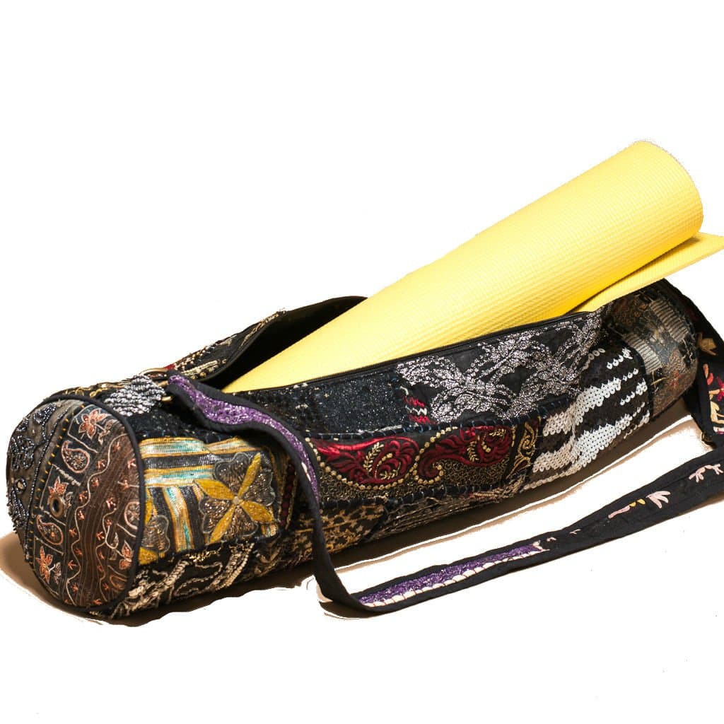 Ankit Beaded Patchwork Pink indian 27.5x12.5 inches Handcrafted Yoga Bag, Embroidered Cotton Canvas with Pocket & Zipper for Yoga Mat and Gym