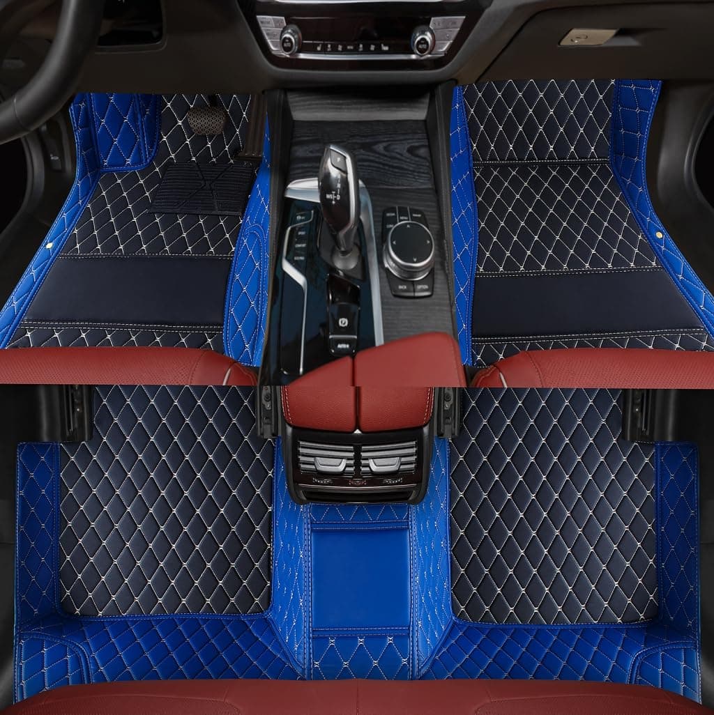 Custom Personalized Floor Mats ,Luxury Full Coverage All Weather Car Floor Mats,Anti-Slip Leather Car Mat Set ,Custom Floor Mat, for 99% of Cars, Trucks & SUV. (Black Blue)