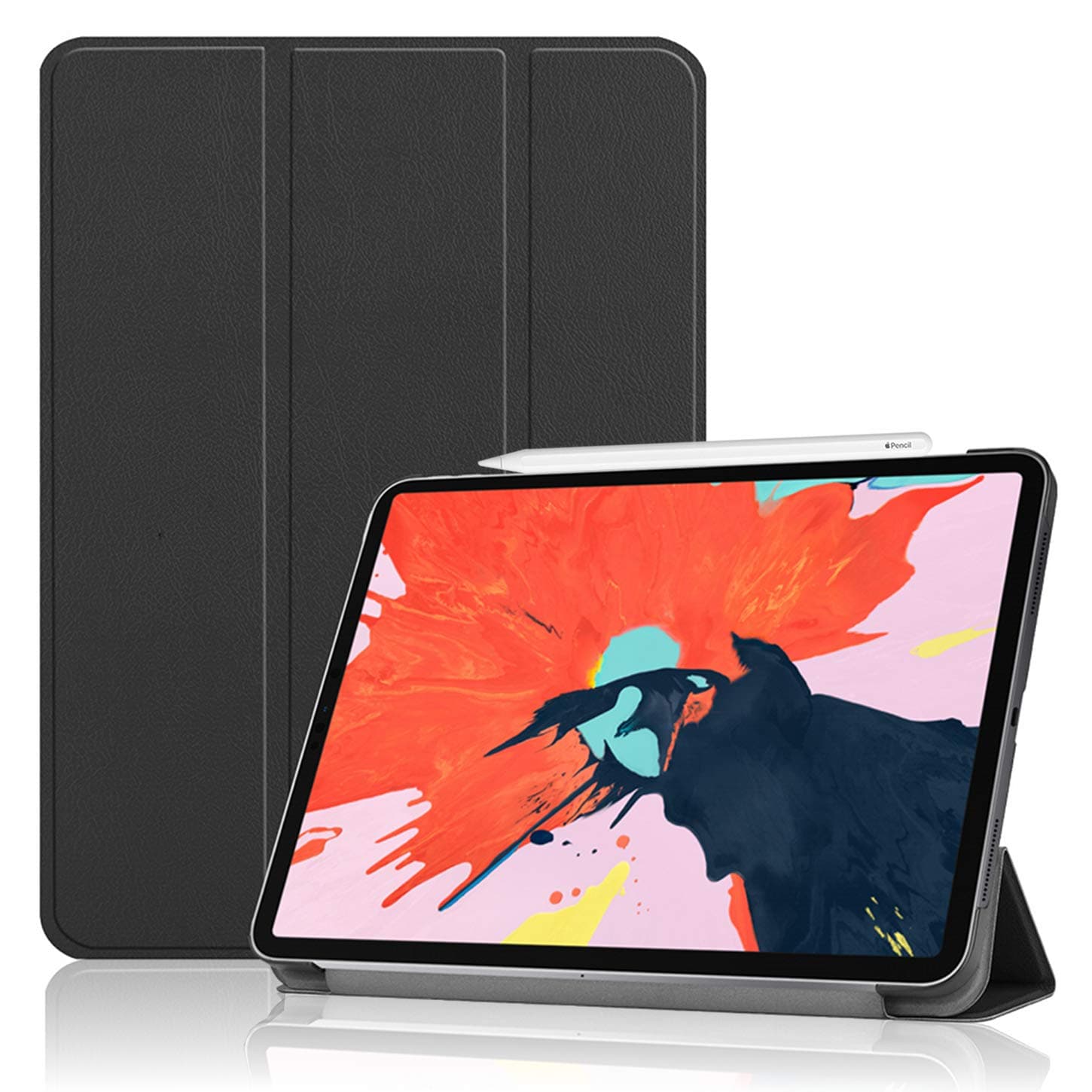FUJITECH iPad Pro Case 12.9 Inch 2018 Black - Smart Trifold Protective Folio, Support Apple Pencil Attachment and Charging, Auto Sleep/Wake, Premium PU Leather, Slim Thin (3rd Generation New iPad Pro)