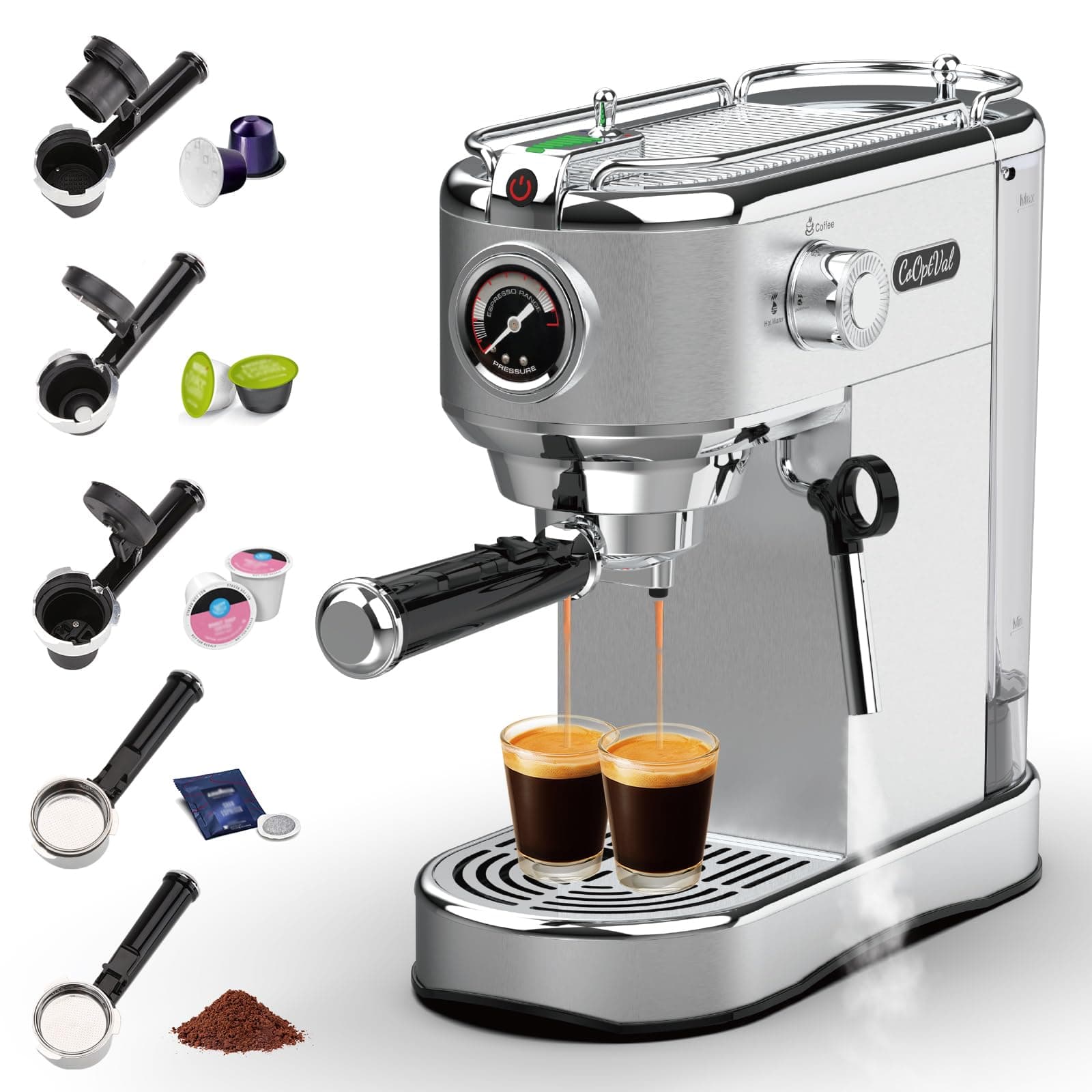 Espresso Machine and Coffee Machine 20 Bar - Compatible with Nespresso, Keurig K Cup - Hot & Cold Brew, Milk Frother, Stainless Steel - 10 oz Espresso Cup -