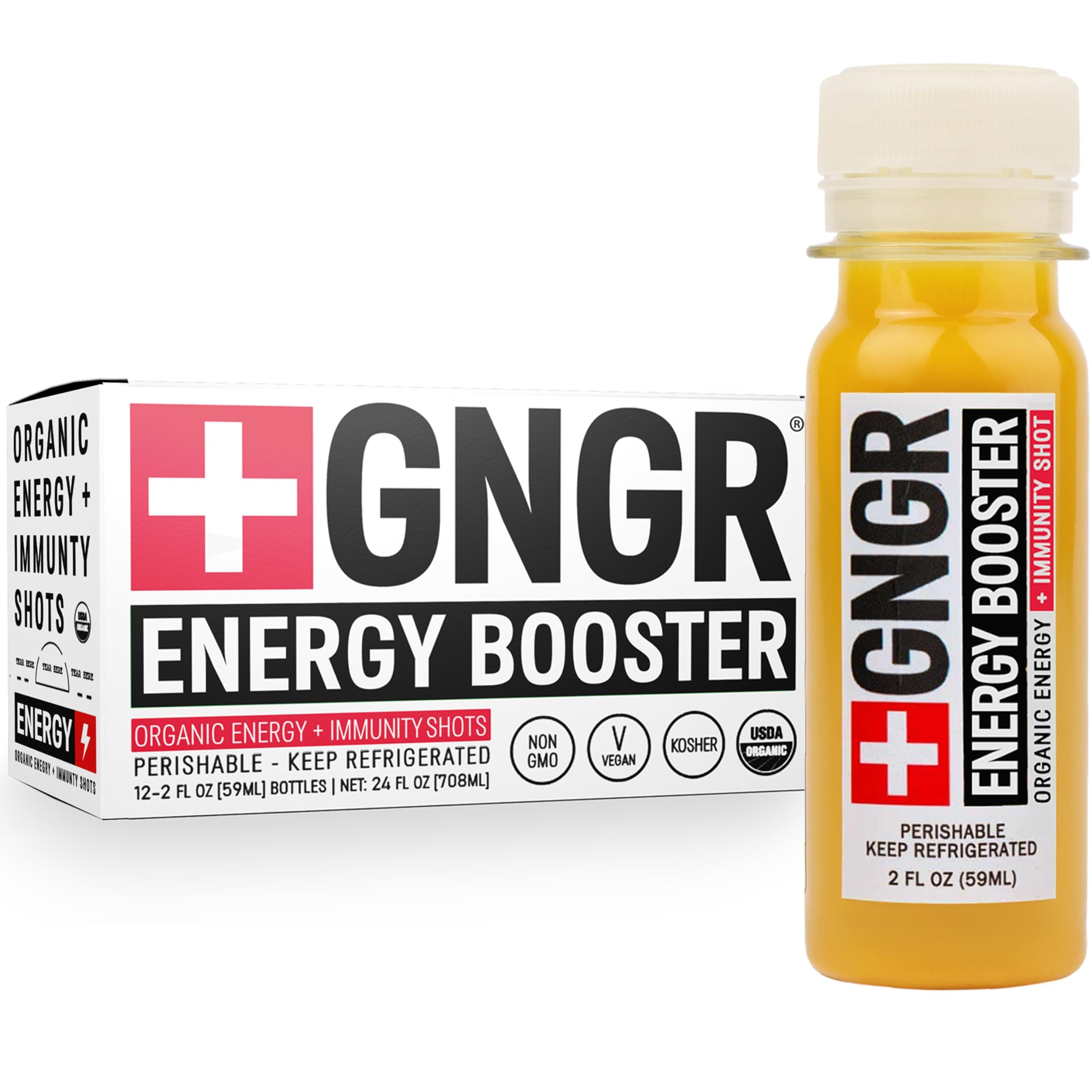 - +GNGR Energy Booster – Organic Cold-Pressed Ginger Shot with Turmeric, Green Tea, Orange & Lemon Juice. Natural Energy Shot for Immune and Digestive Support, Nothing Artificial, 2 fl oz (Pack of 12)