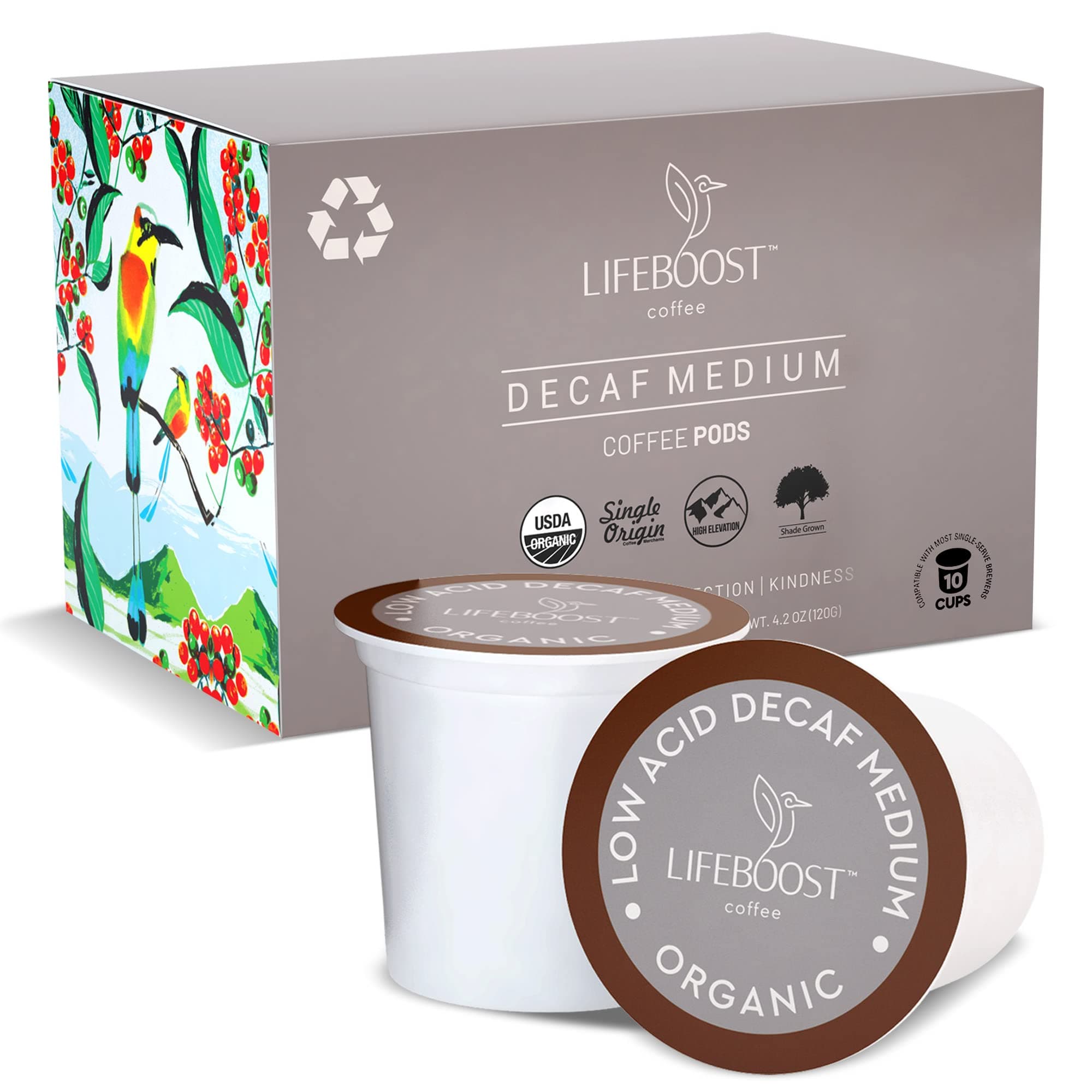 Lifeboost Organic Decaf Coffee K Cups - Low Acid Single Origin Non-GMO Mold Free Decaf Coffee Pods Compatible with Keurig & Keurig 2 - Third Party Tested for Mycotoxins and Pesticides - 10 Count