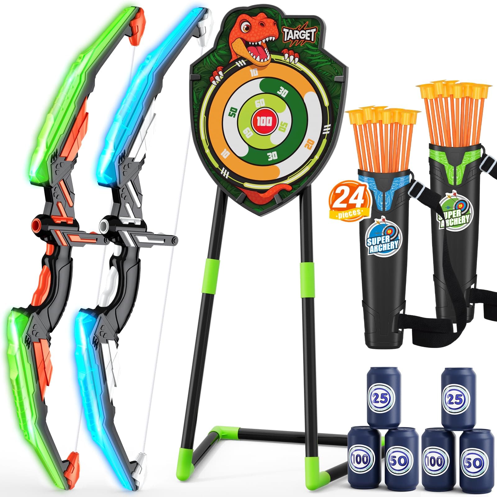2 Pack Bow and Arrow for Kids, LED Light Up Archery Set with 24 Suction Cup Arrows, 1 Standing Target, 6 Score Targets & 2 Quiver, Indoor Outdoor Sport Gifts for Boys Girls Ages 4-8