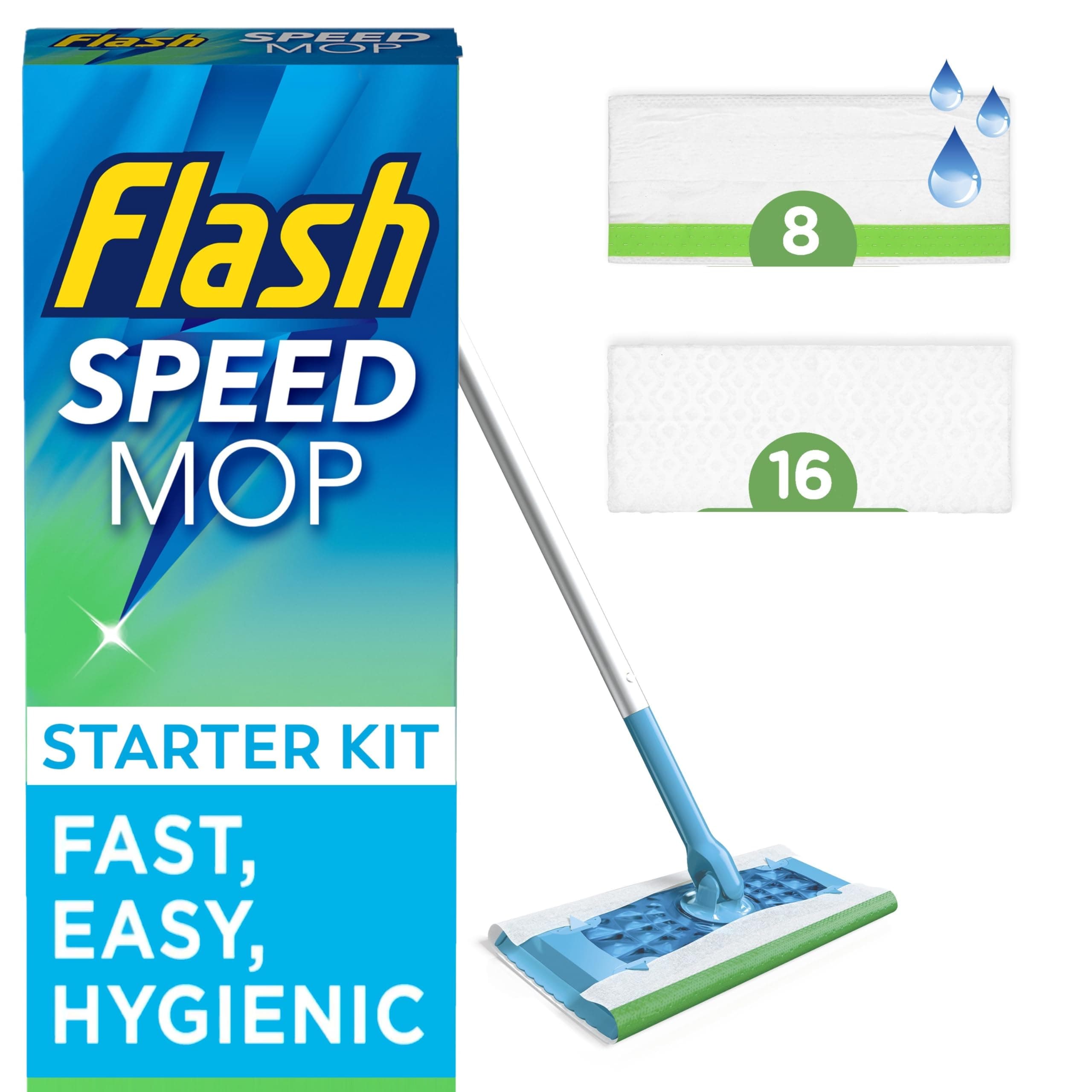 Speedmop Floor Cleaner Starter Kit, Fast Easy and Hygienic (1 Handle, 8 Wet plus 16 Dry Refills), Trap and Lock Daily Dirt, Grease and Grime Without Getting Down On Your Knees