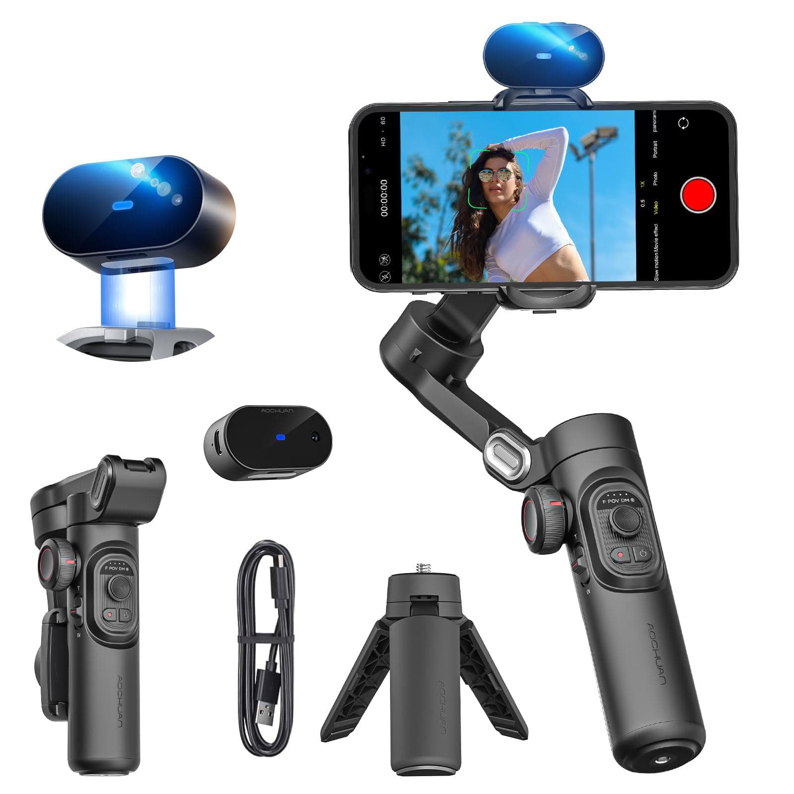AOCHUAN XE AI Version, Gimbal Stabilizer for Smartphone, NO APP AI Tracking, gesture control, 360° Inception gimbal with TikTok YouTube, 3-Axis Foldable handheld tripod for iphone& Android, XE AI